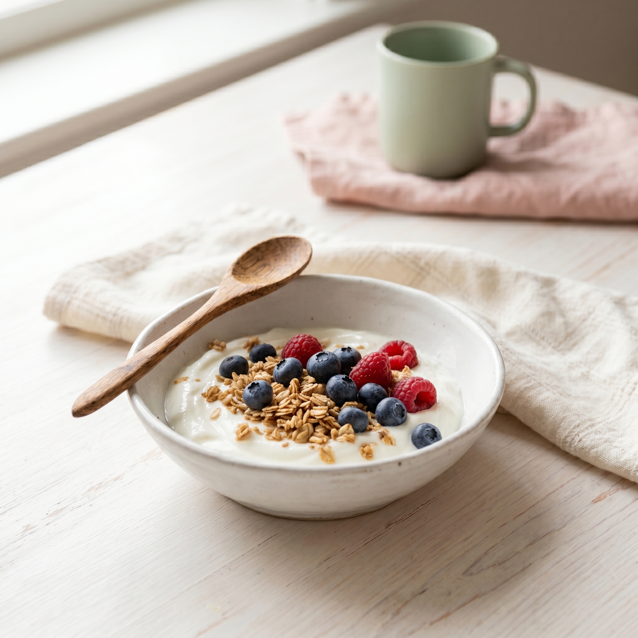Greek yogurt in white bowl topped with granola and fresh berries, spoon resting on side
