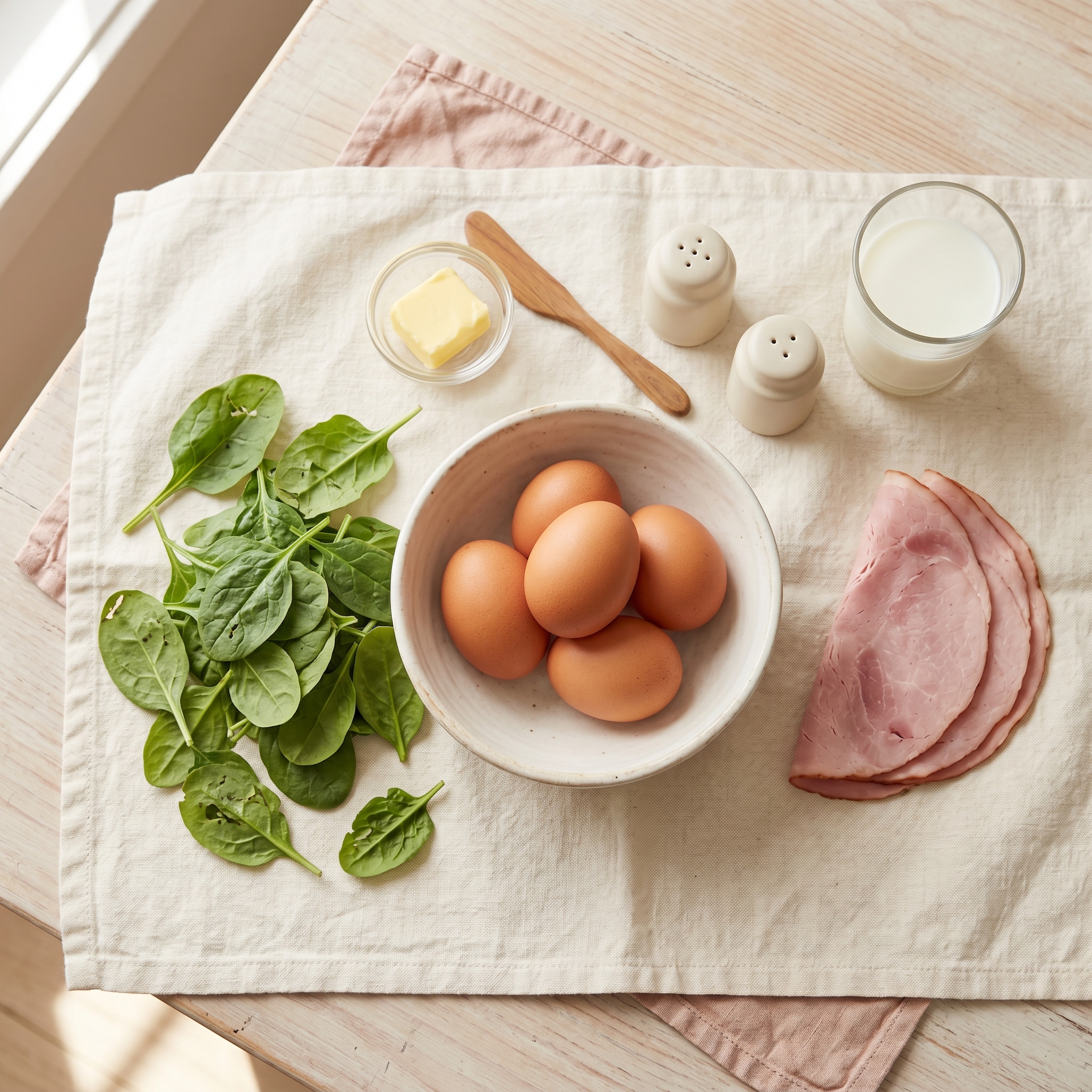 Ingredients for green eggs and ham laid out: eggs, spinach, ham, butter, salt and pepper on cream surface