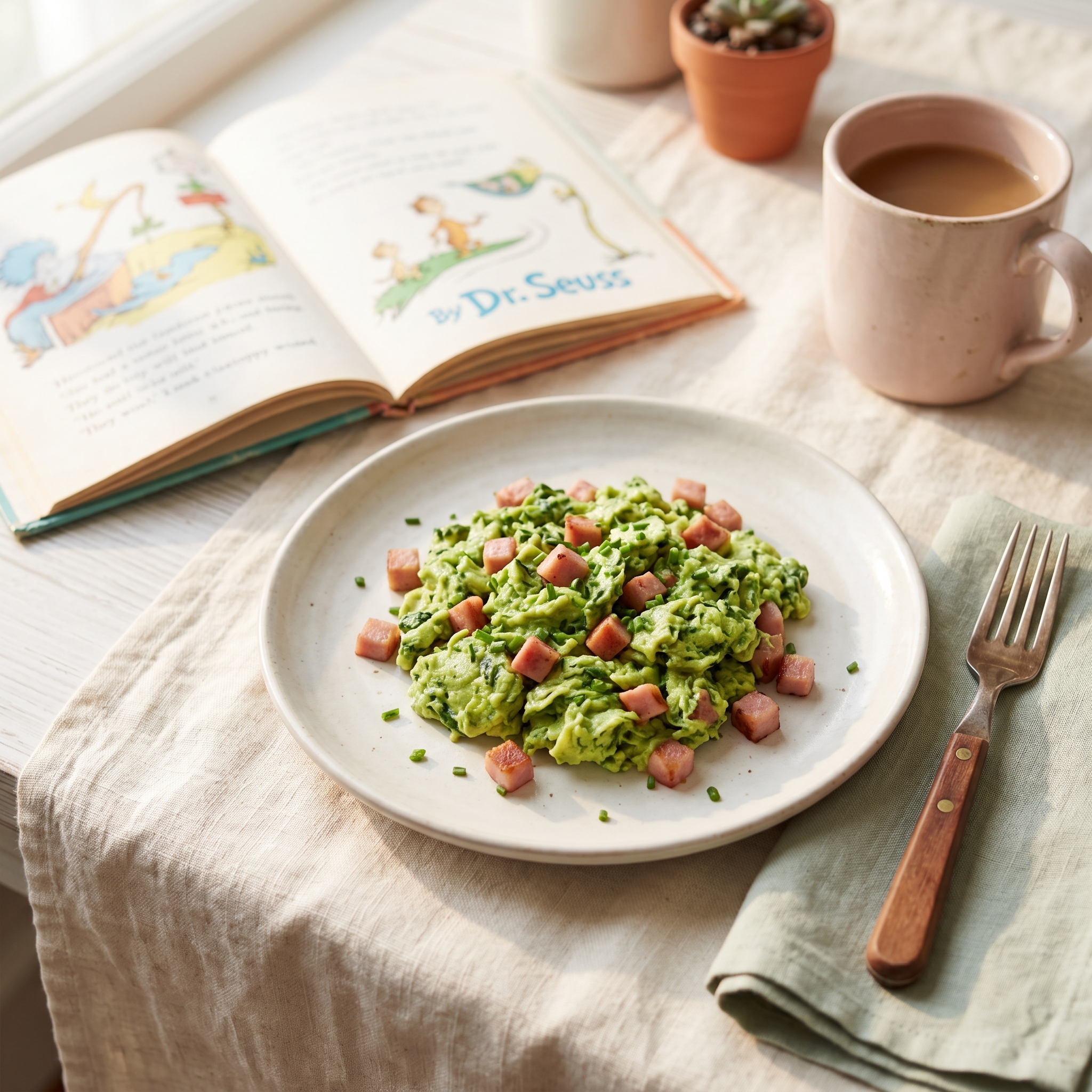 Finished green scrambled eggs with diced ham on white plate beside open Dr. Seuss book