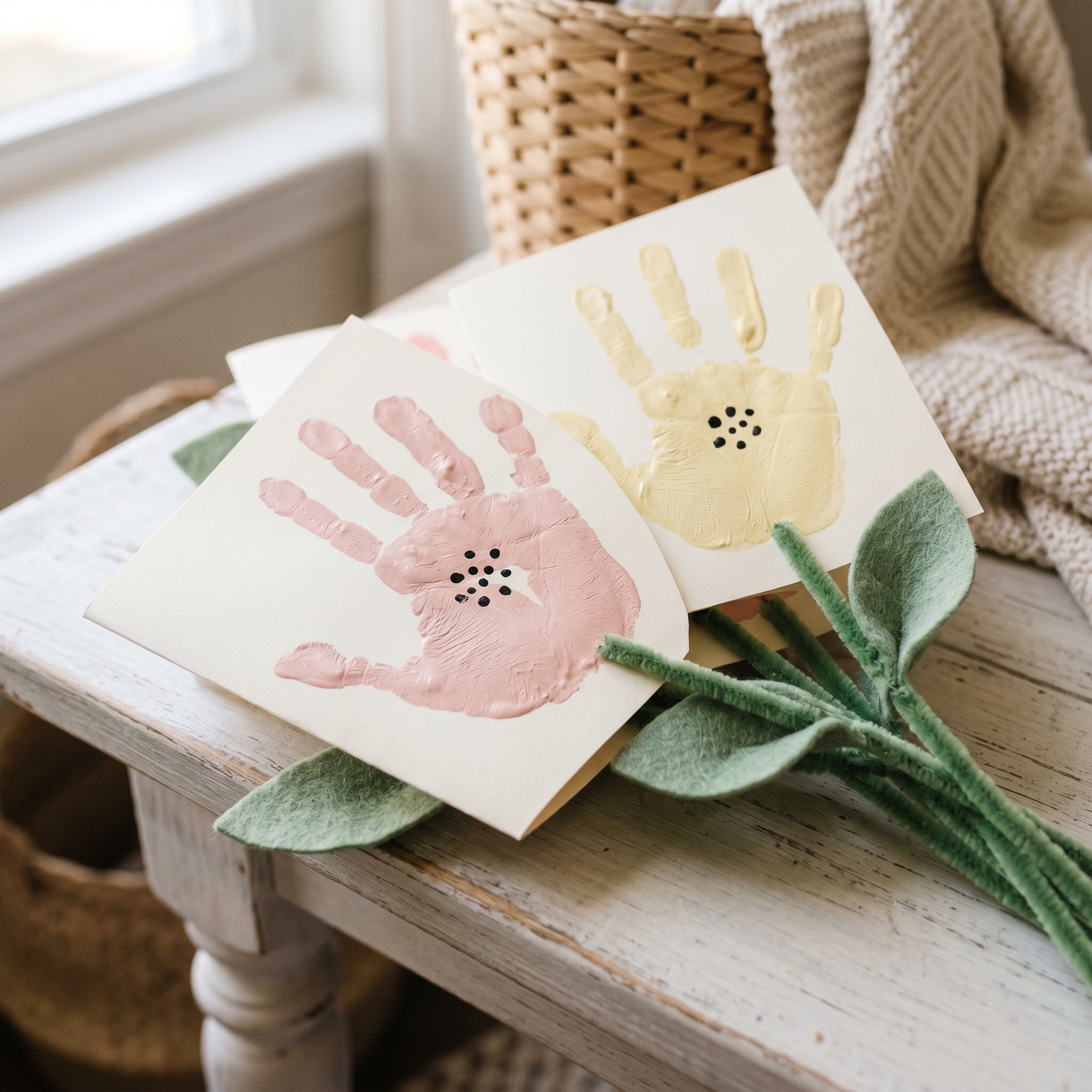 Close-up detail of handprint flower petals in blush and yellow with green pipe-cleaner stems and black marker center dots