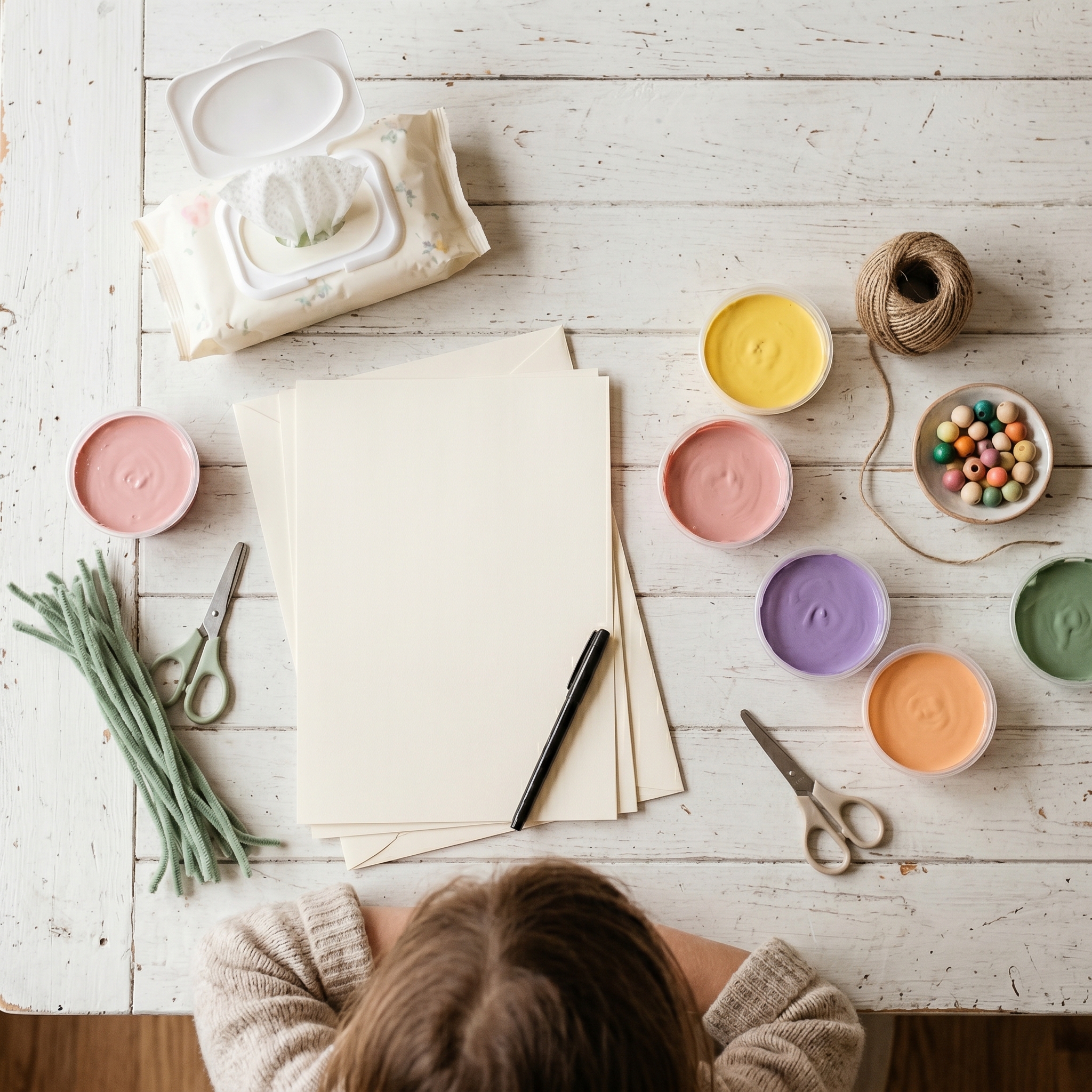 Spring craft supplies arranged on white surface: paint trays in pink, yellow, purple, cardstock, green pipe cleaners