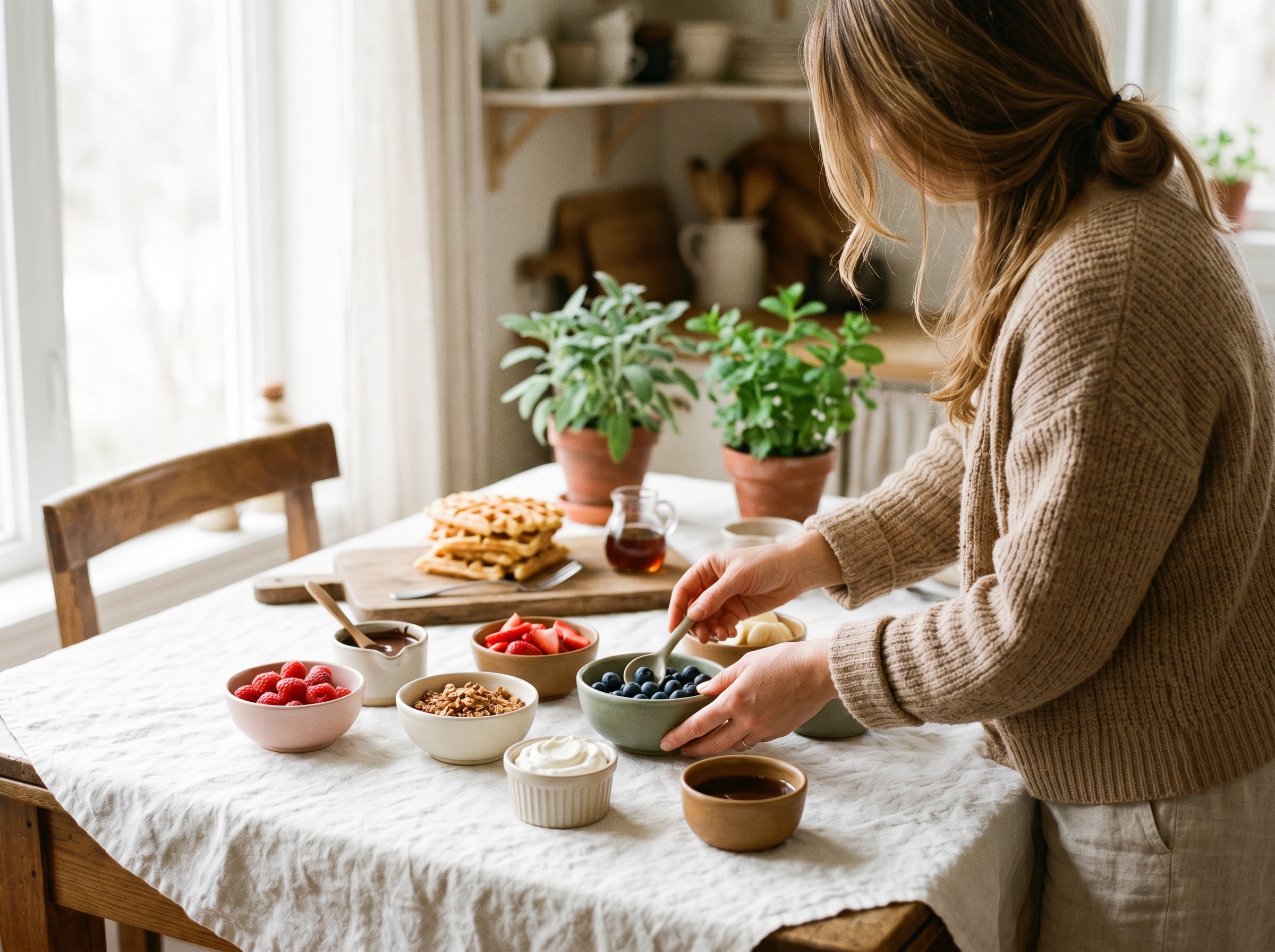 Hands arranging small bowls of colorful toppings and ramekins on a table for a waffle bar setup