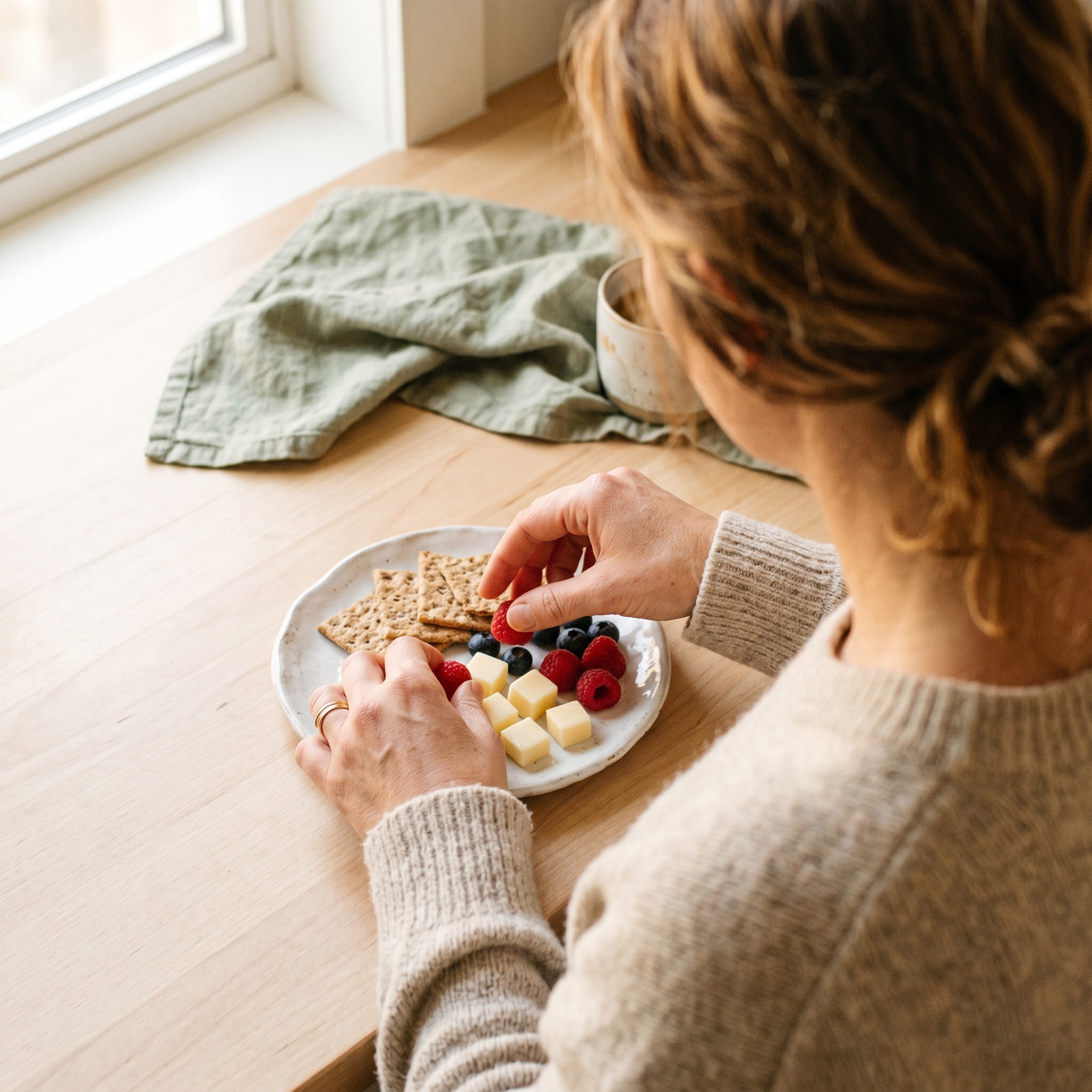 Hands from behind arranging crackers, cheese, and fruit on a small white plate for a child's snack