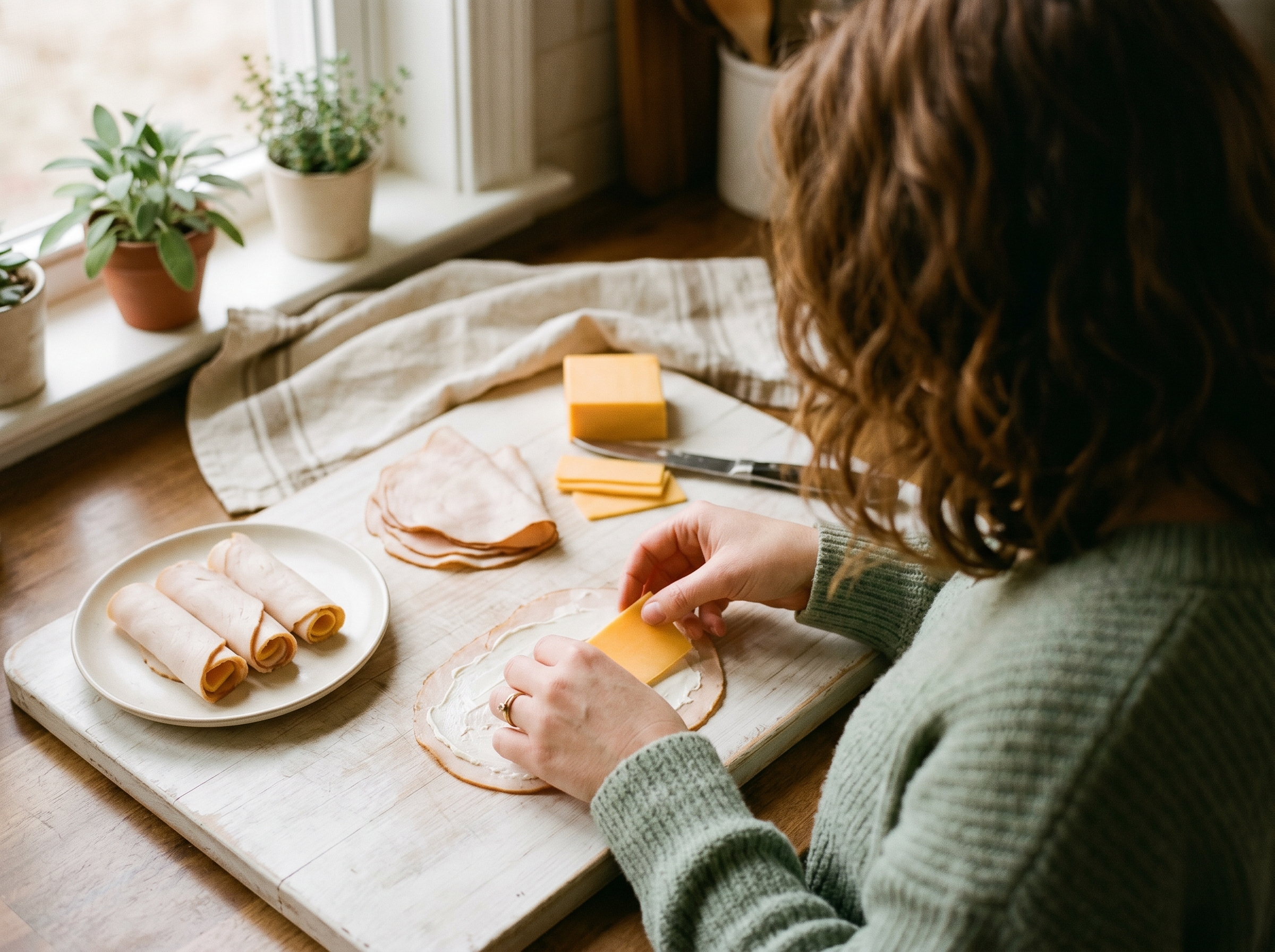 Hands assembling turkey and cheese roll-ups on white cutting board with ingredients nearby