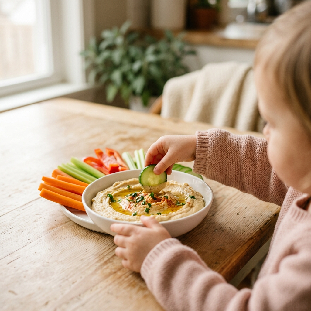 Child's hand dipping a cucumber slice into a white bowl of creamy hummus on a light wooden table