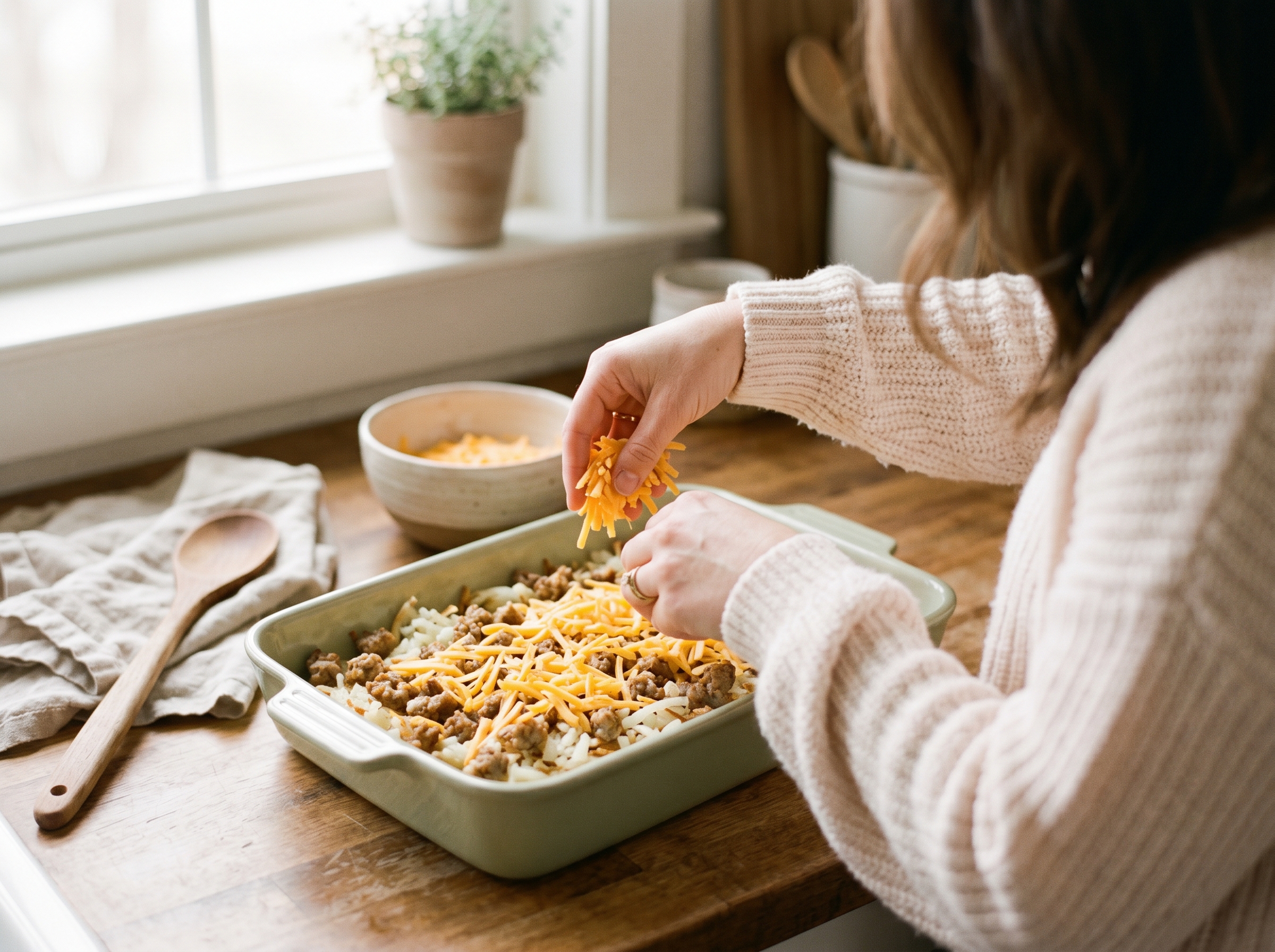 Hands layering shredded cheese and sausage into a baking dish for breakfast casserole