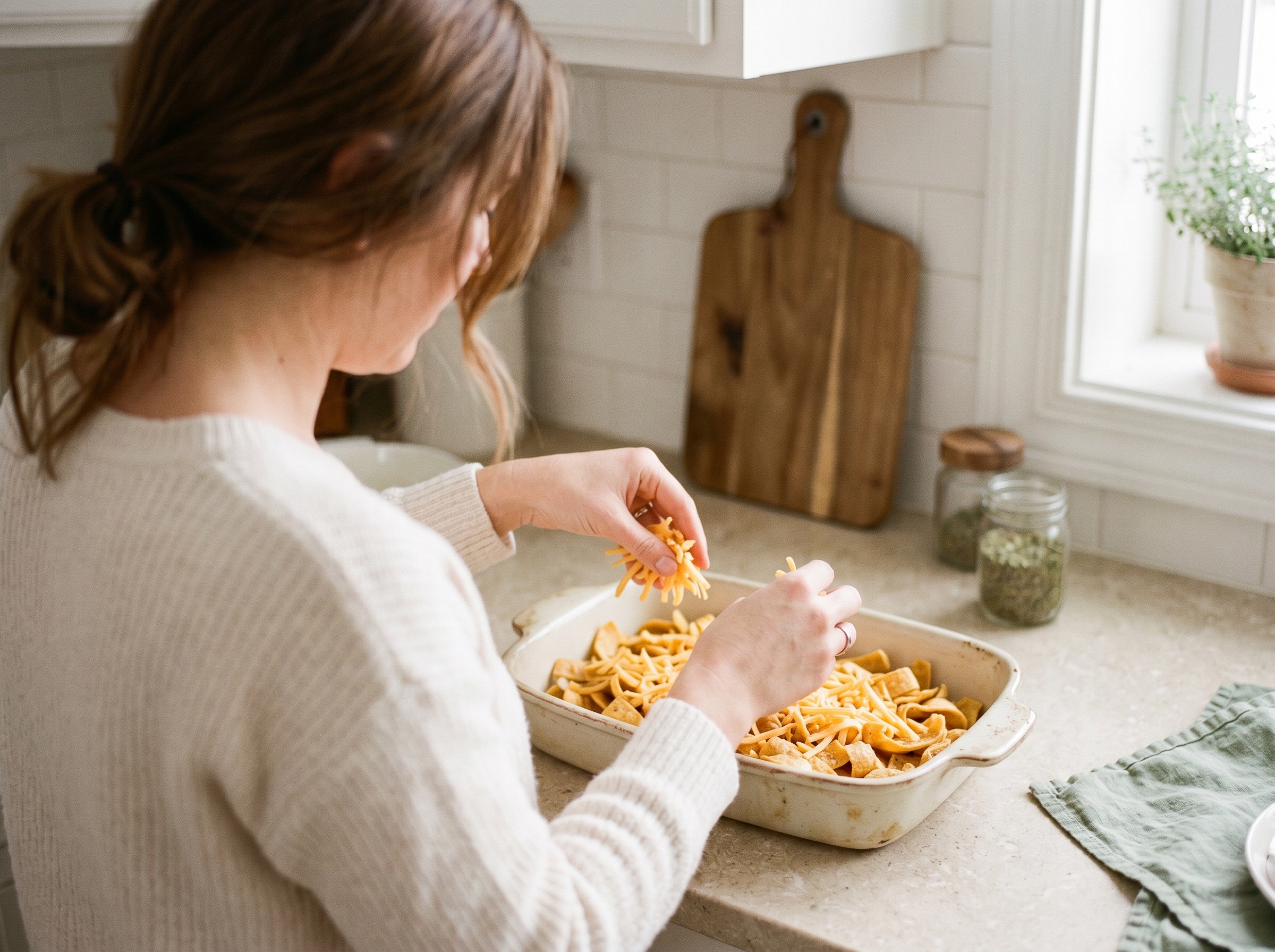 Hands layering Fritos corn chips and shredded cheese into a baking dish for frito pie