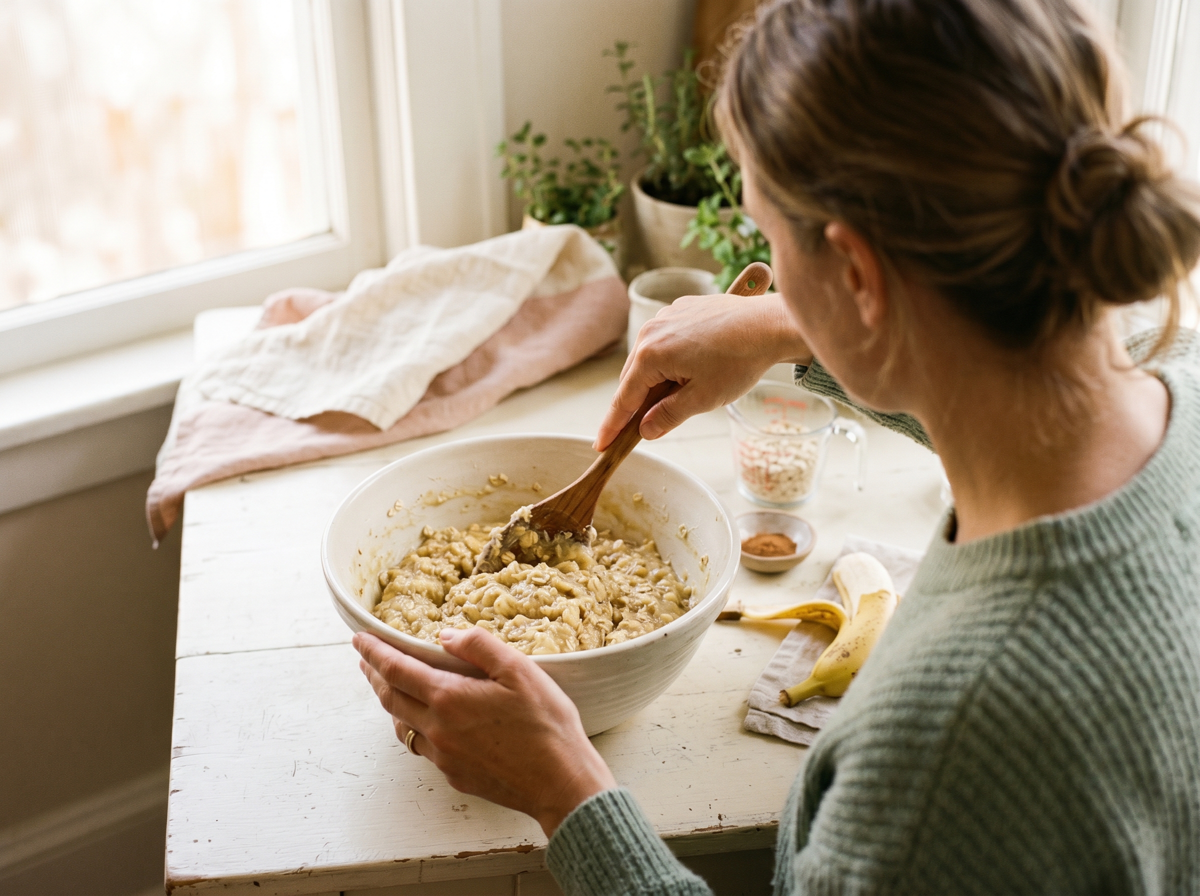 Hands mixing banana and oat cookie dough in a white ceramic bowl with a wooden spoon