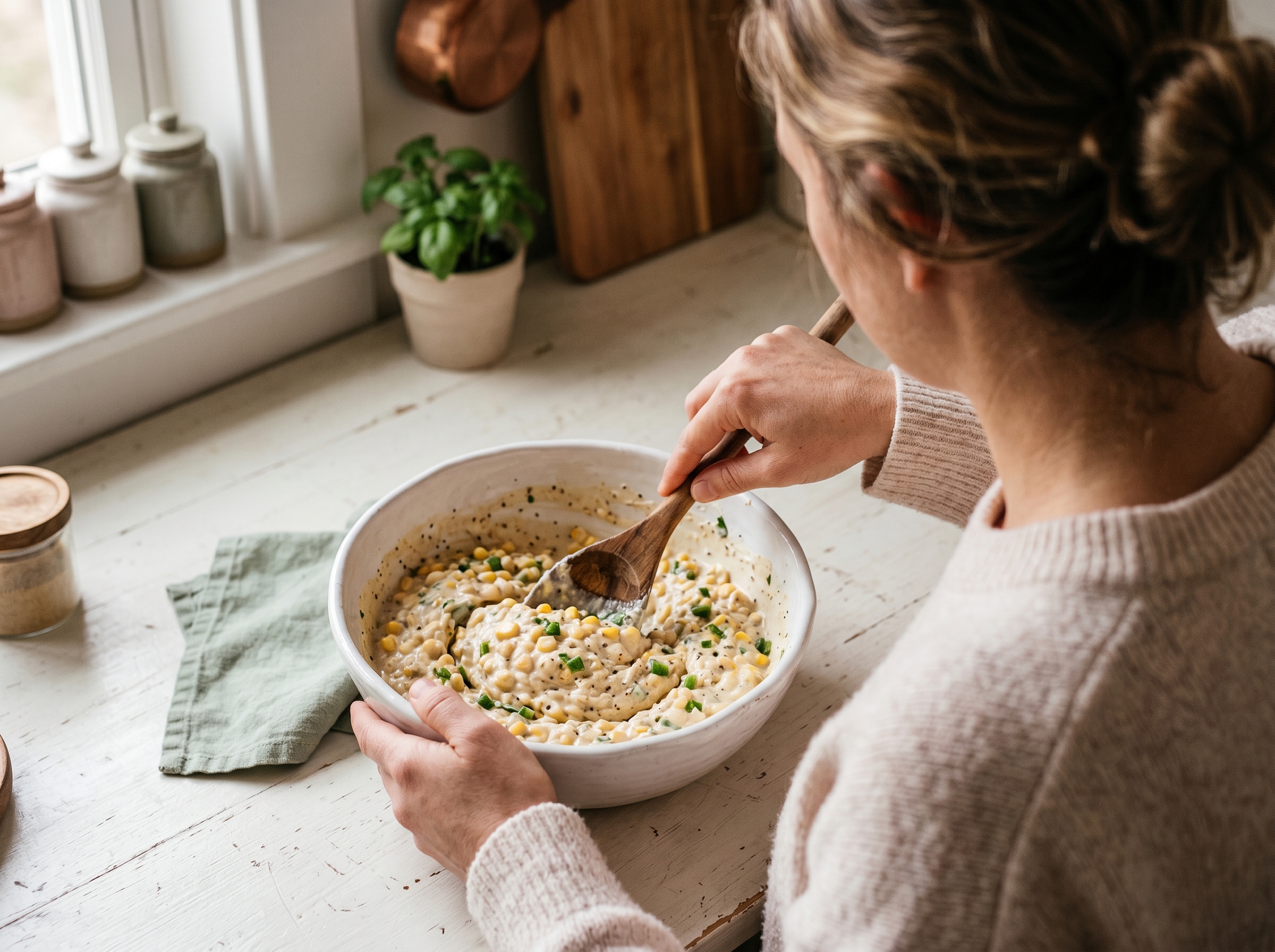 Hands stirring creamy corn dip mixture in a white ceramic bowl with a wooden spoon
