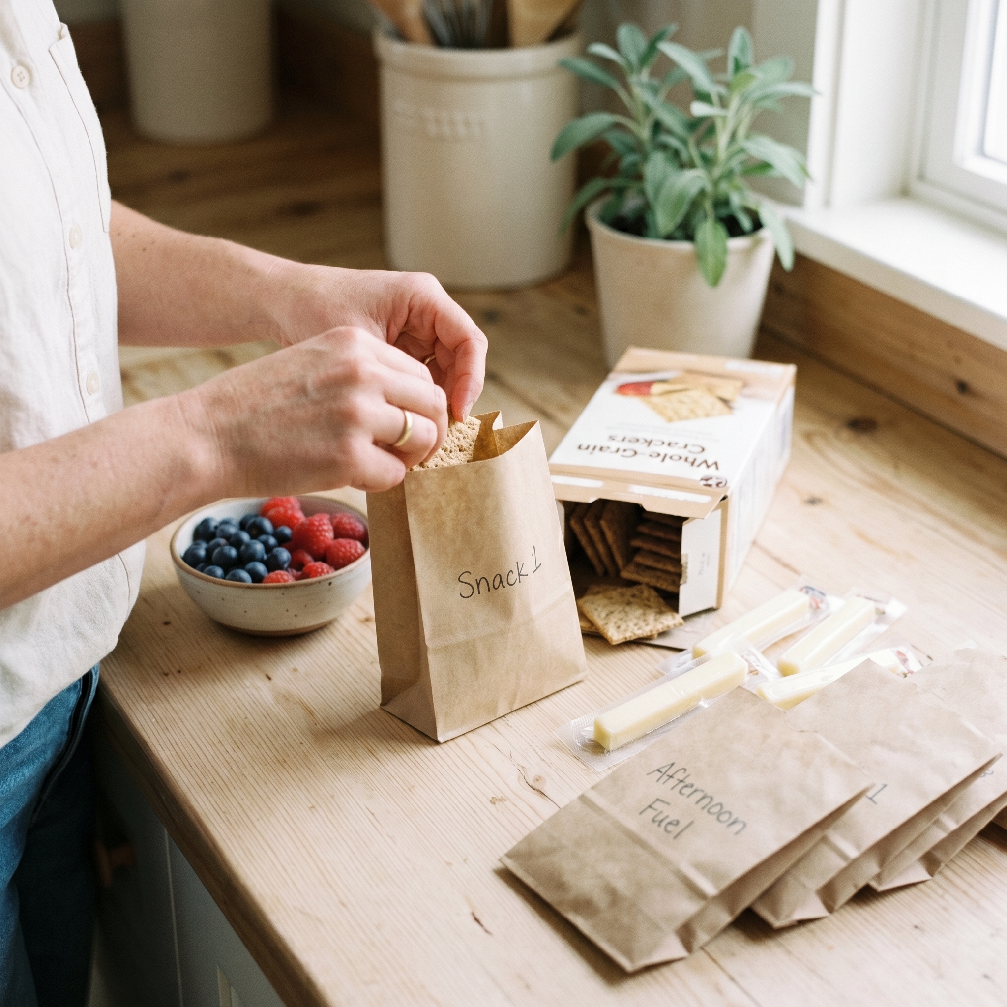Hands portioning crackers and berries into small bags for weekly snack prep on a light wood counter