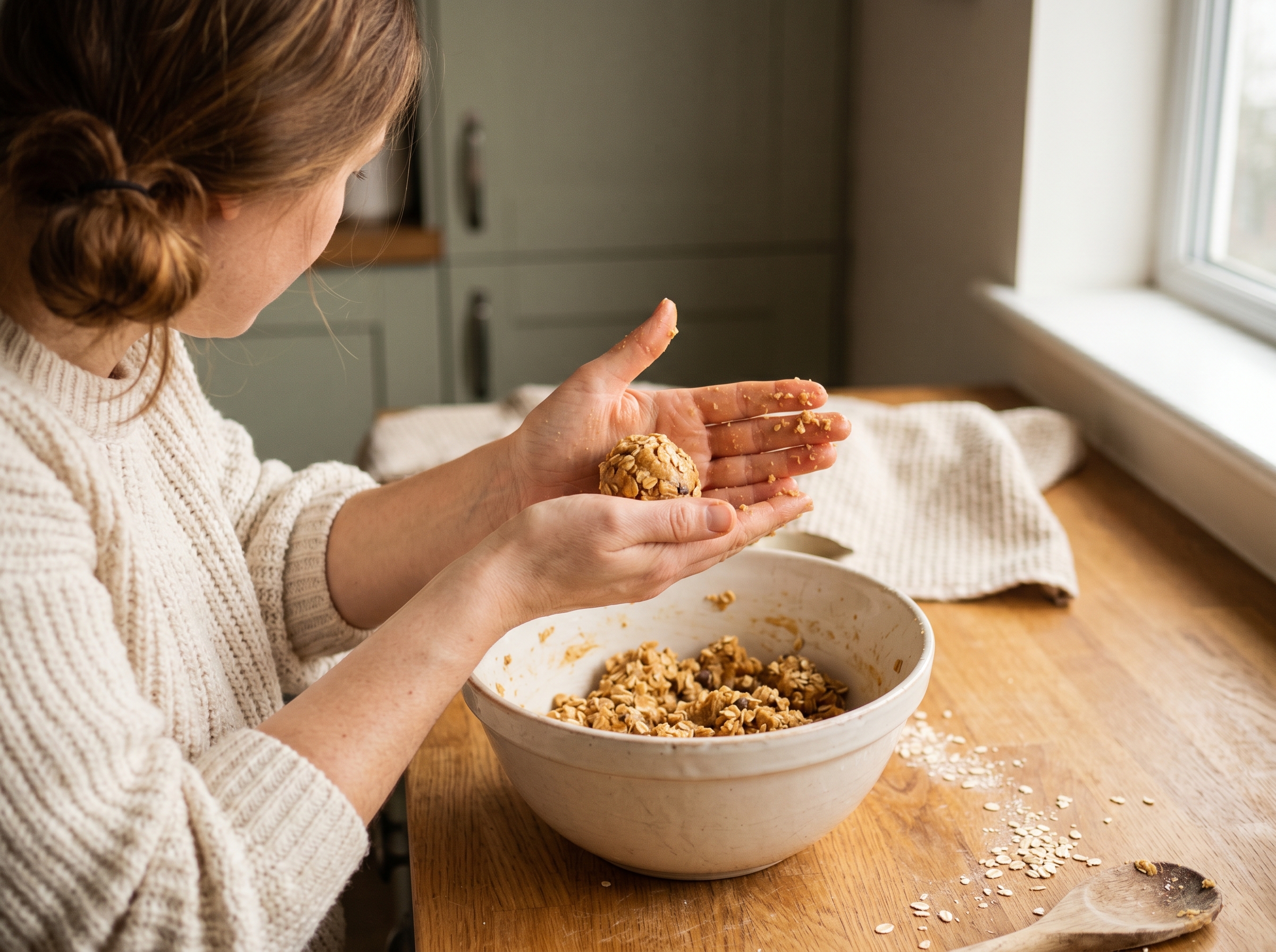 Hands rolling homemade peanut butter oat energy balls over a white mixing bowl