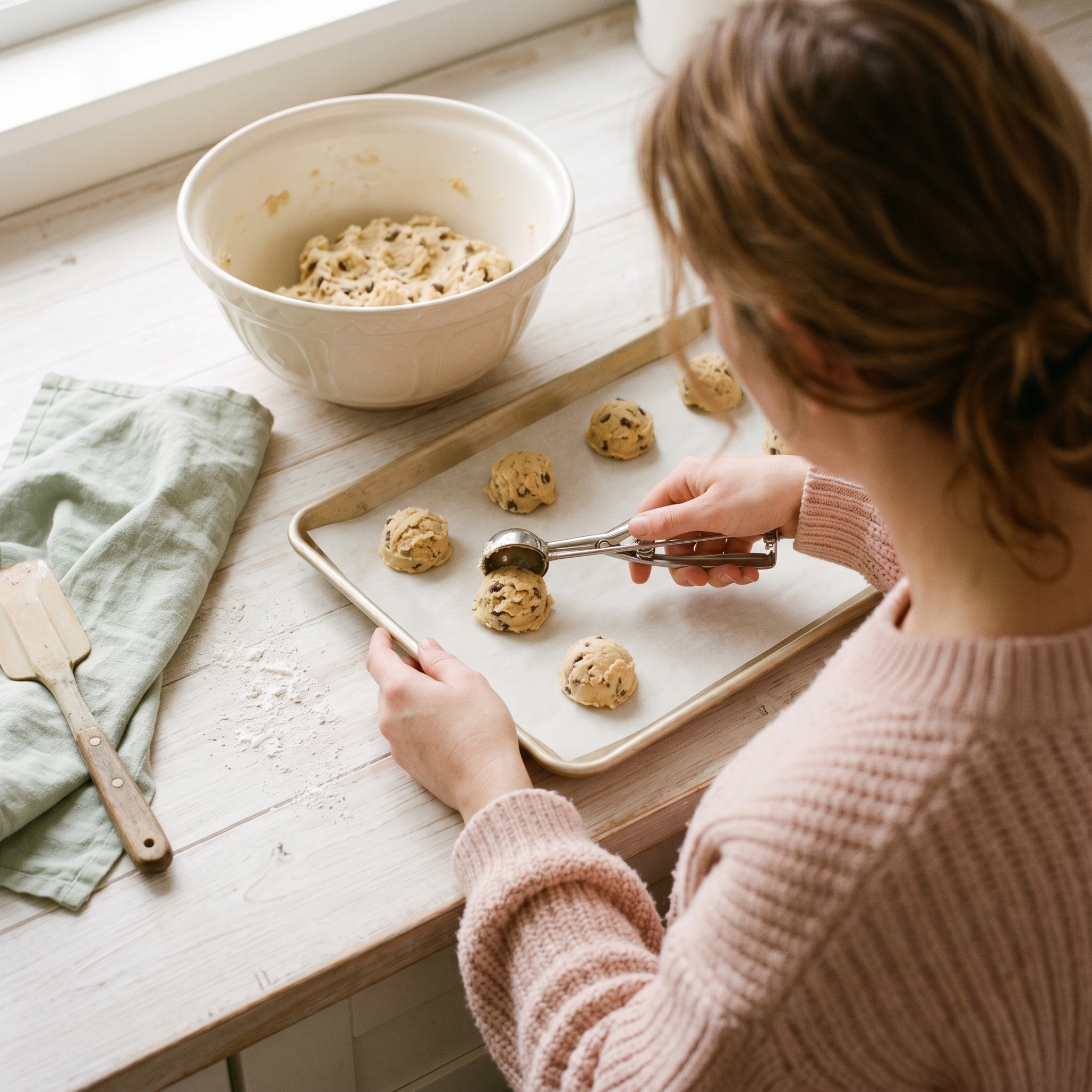 Hands using a small cookie scoop to place banana oat dough onto parchment-lined baking sheet