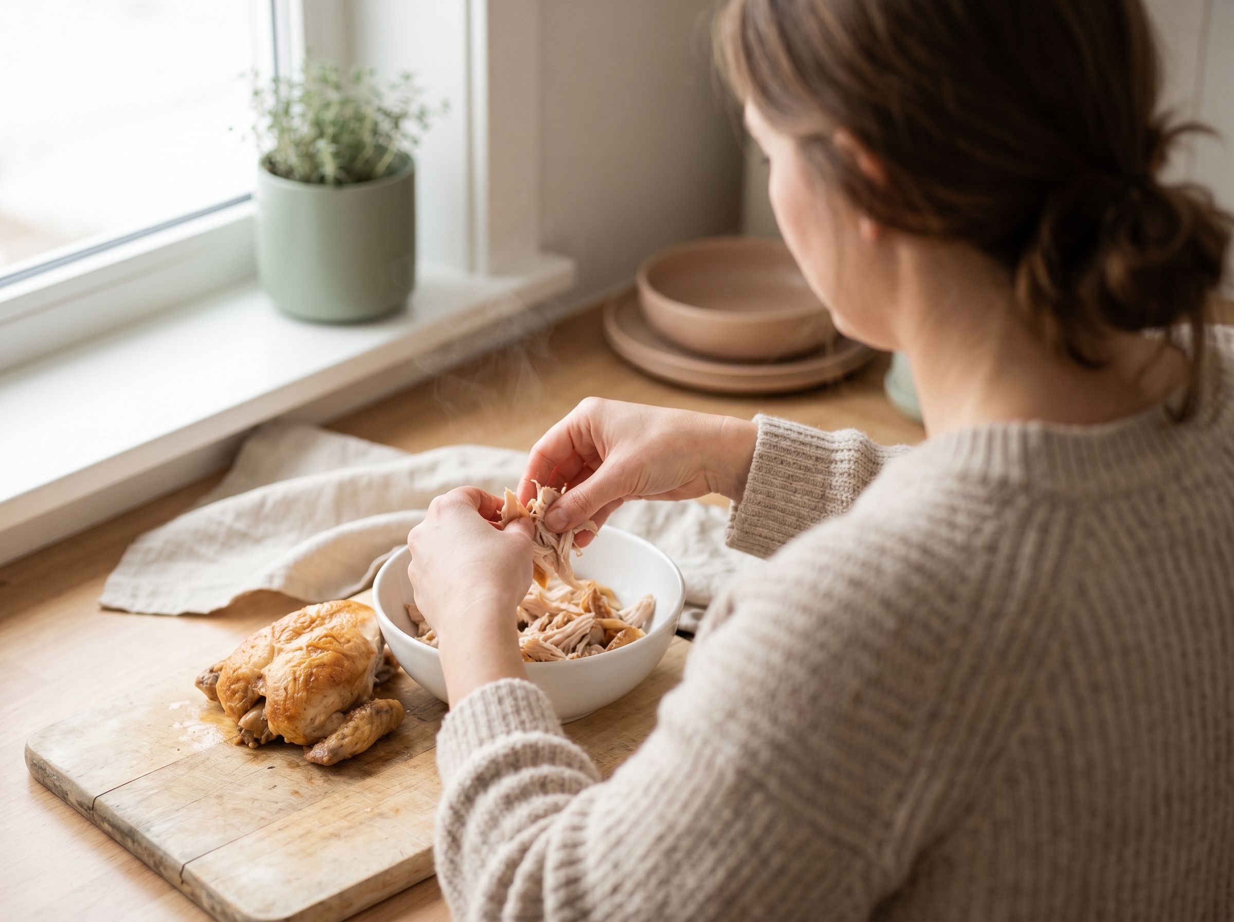 Hands shredding warm rotisserie chicken into a white bowl on a light wood counter