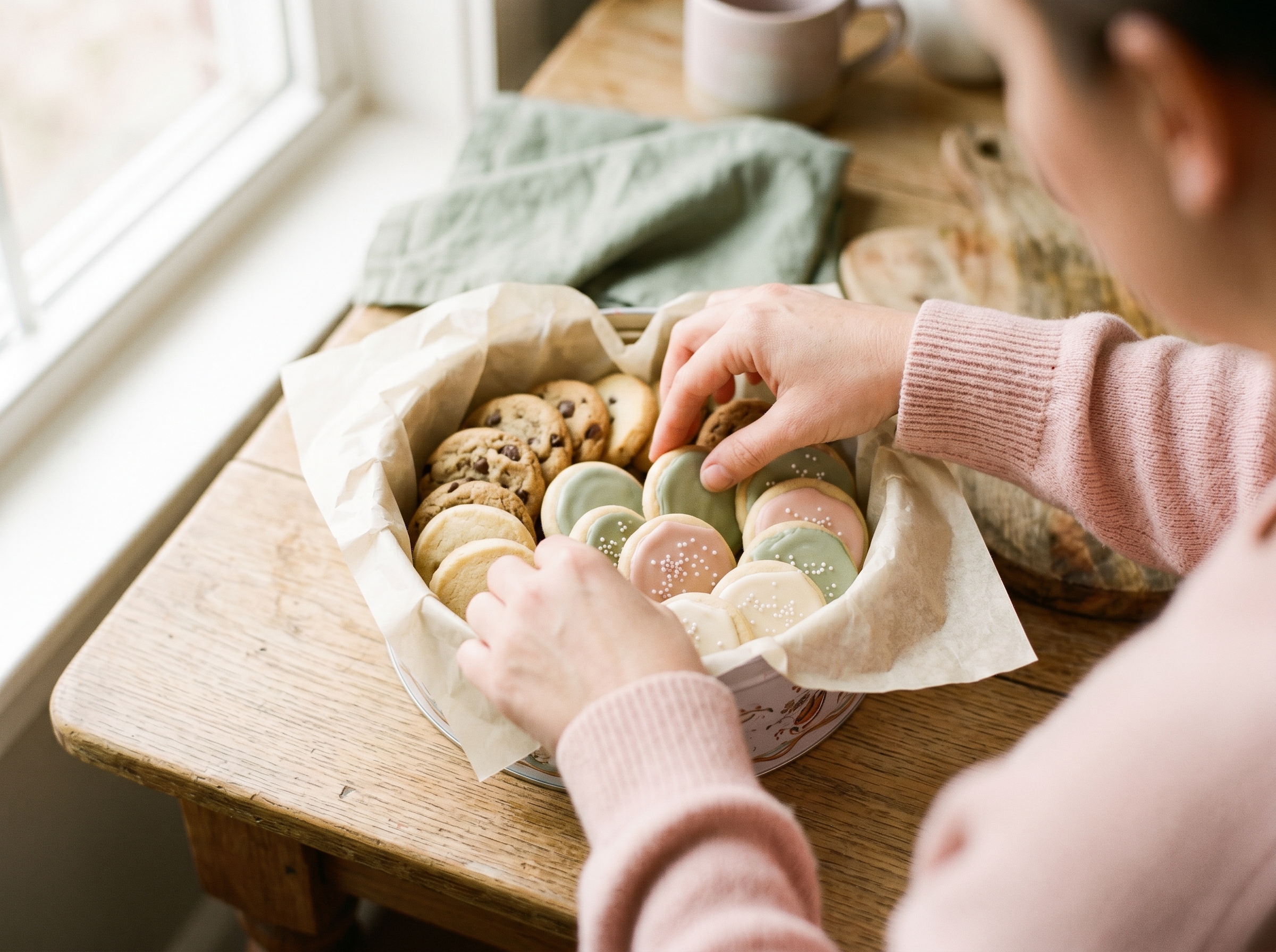 Hands arranging assorted cookies into a decorative tin box lined with parchment paper