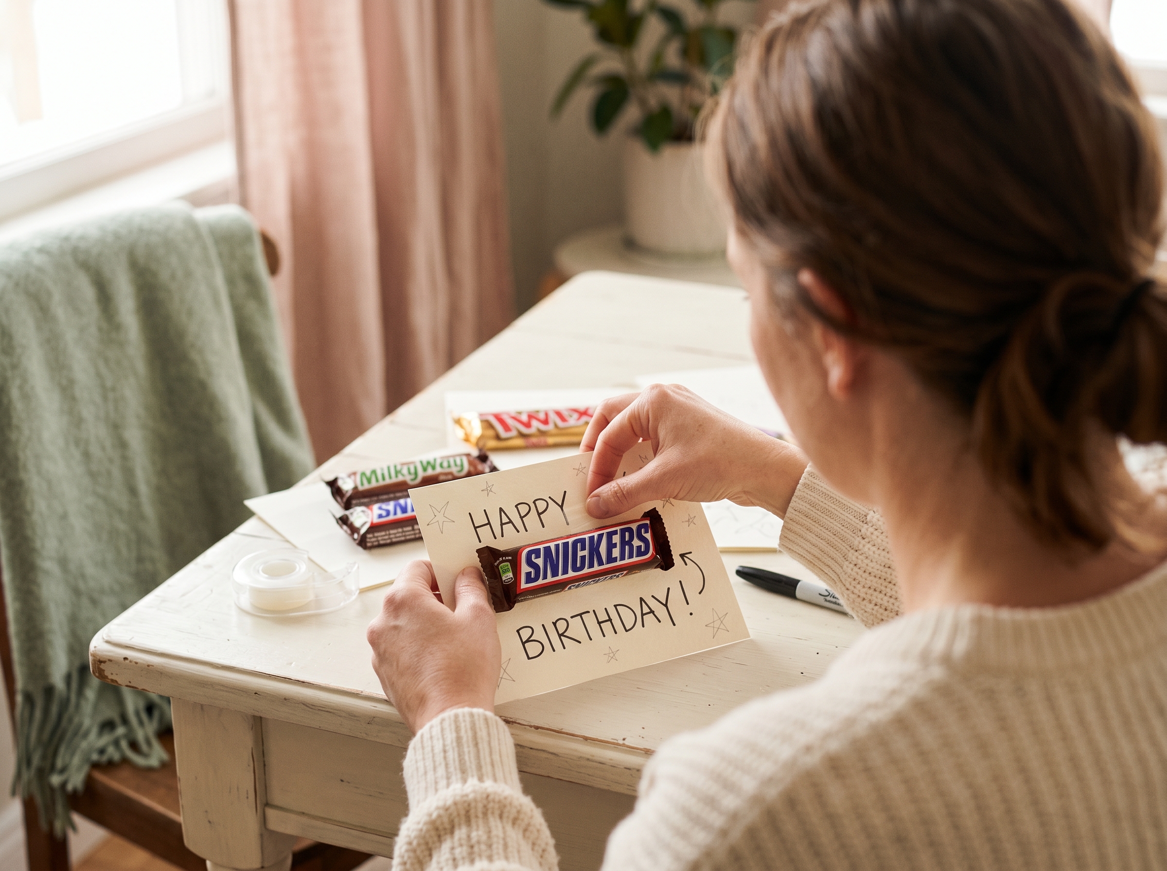 Hands taping a Snickers candy bar onto a birthday card with handwritten message visible