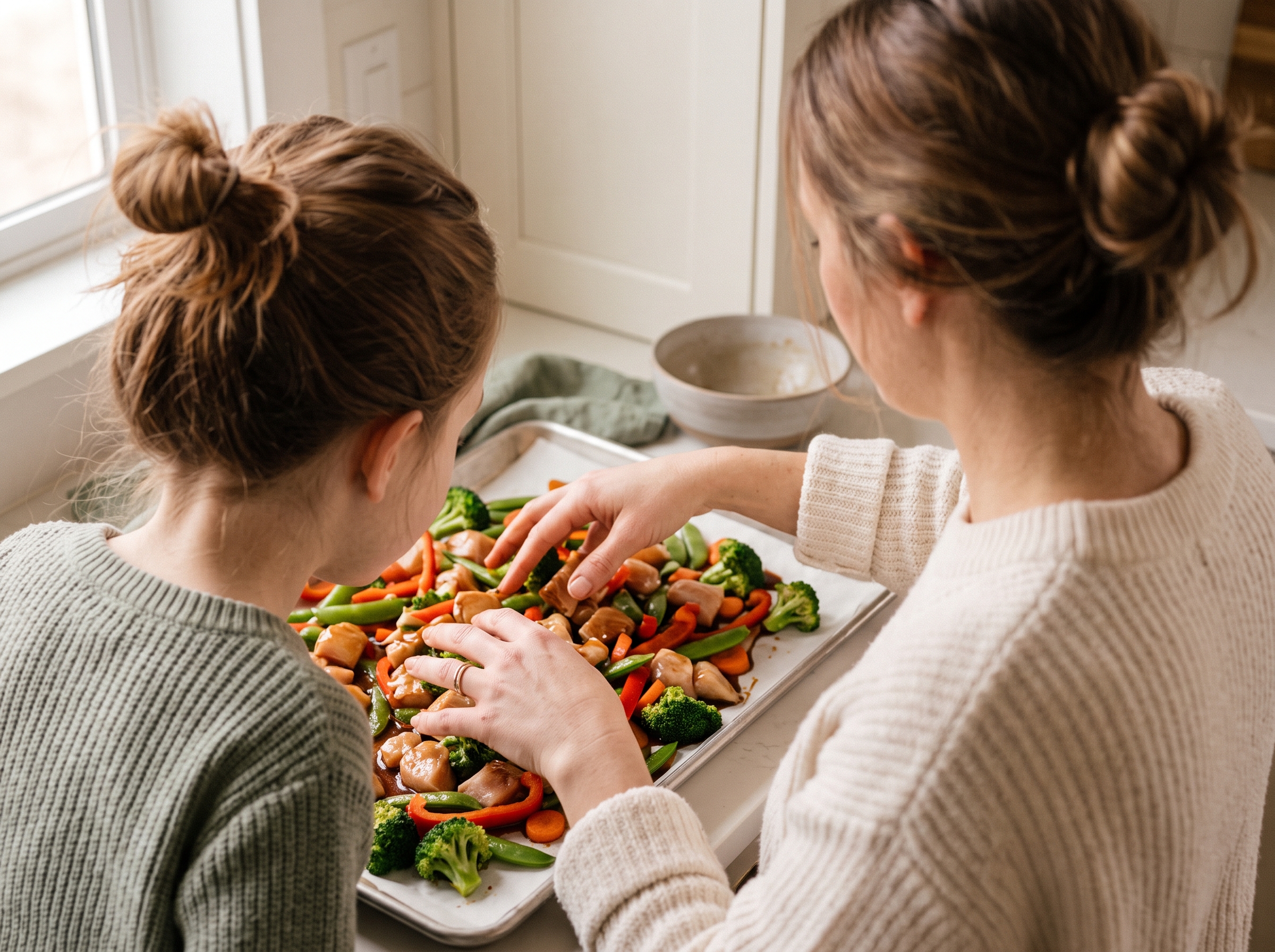 Hands tossing chicken and vegetables with teriyaki sauce on a rimmed baking sheet