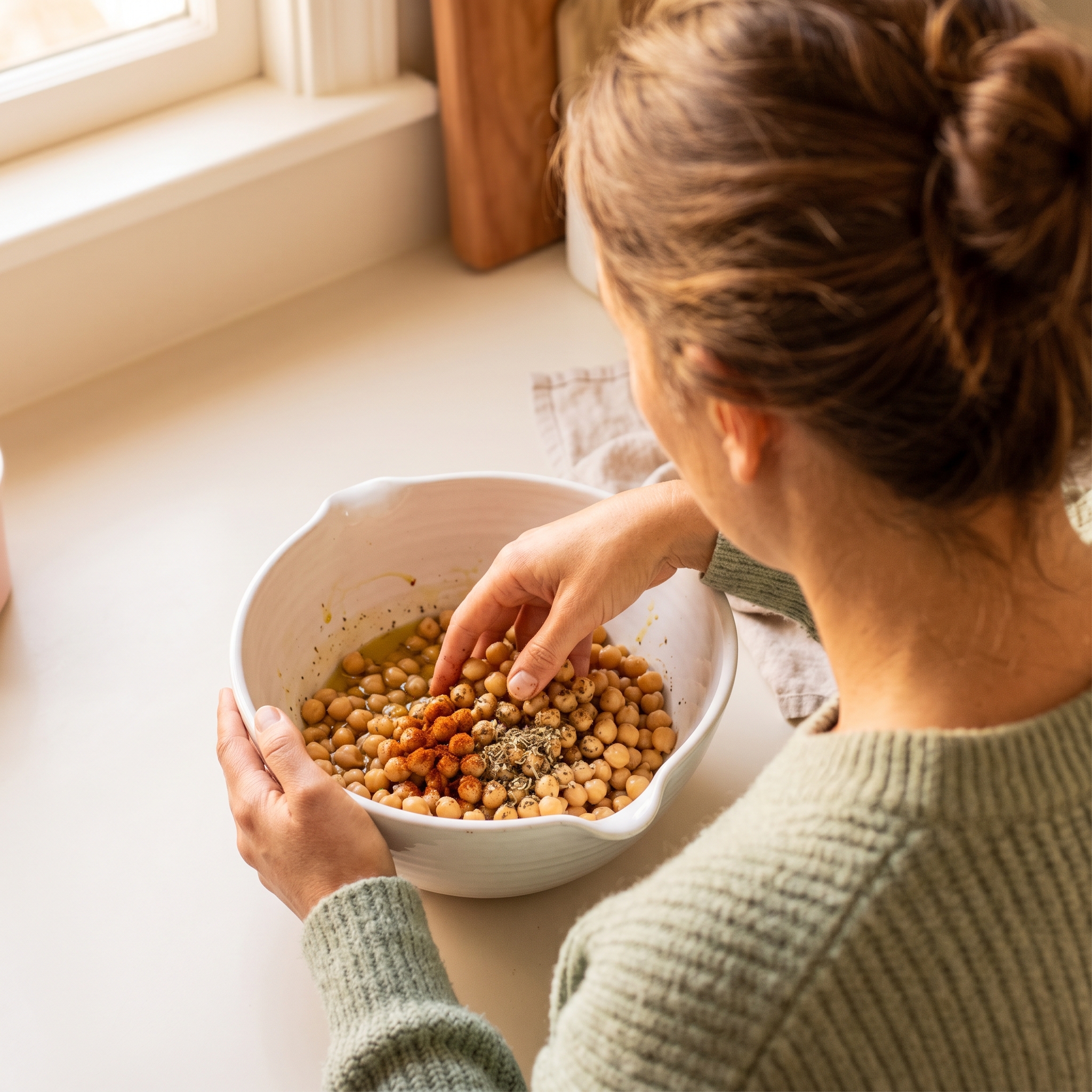 Hands tossing chickpeas with olive oil and seasonings in a white mixing bowl