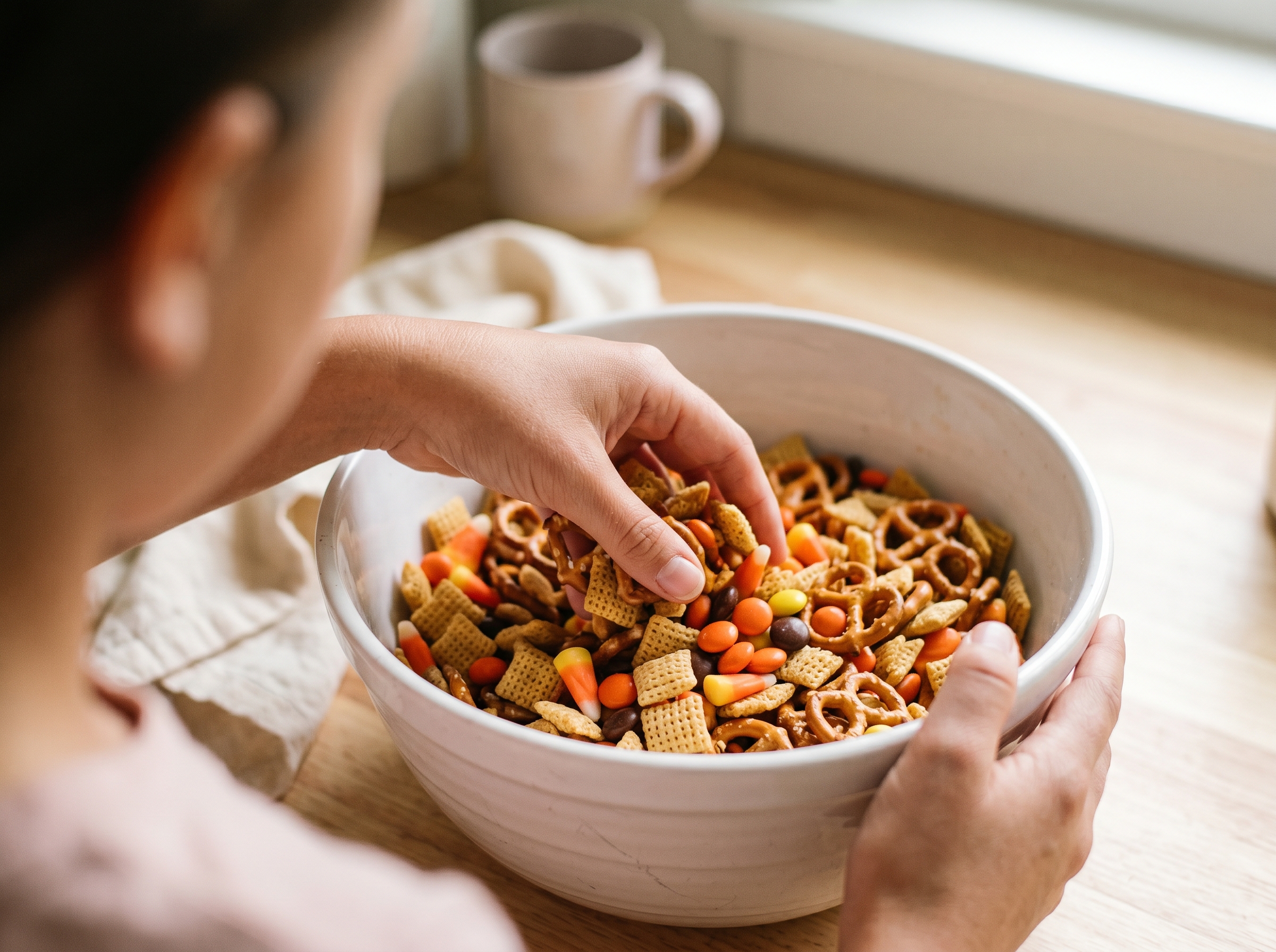 Hands gently tossing fall snack mix ingredients in a large white ceramic bowl, showing cereal and candy being combined