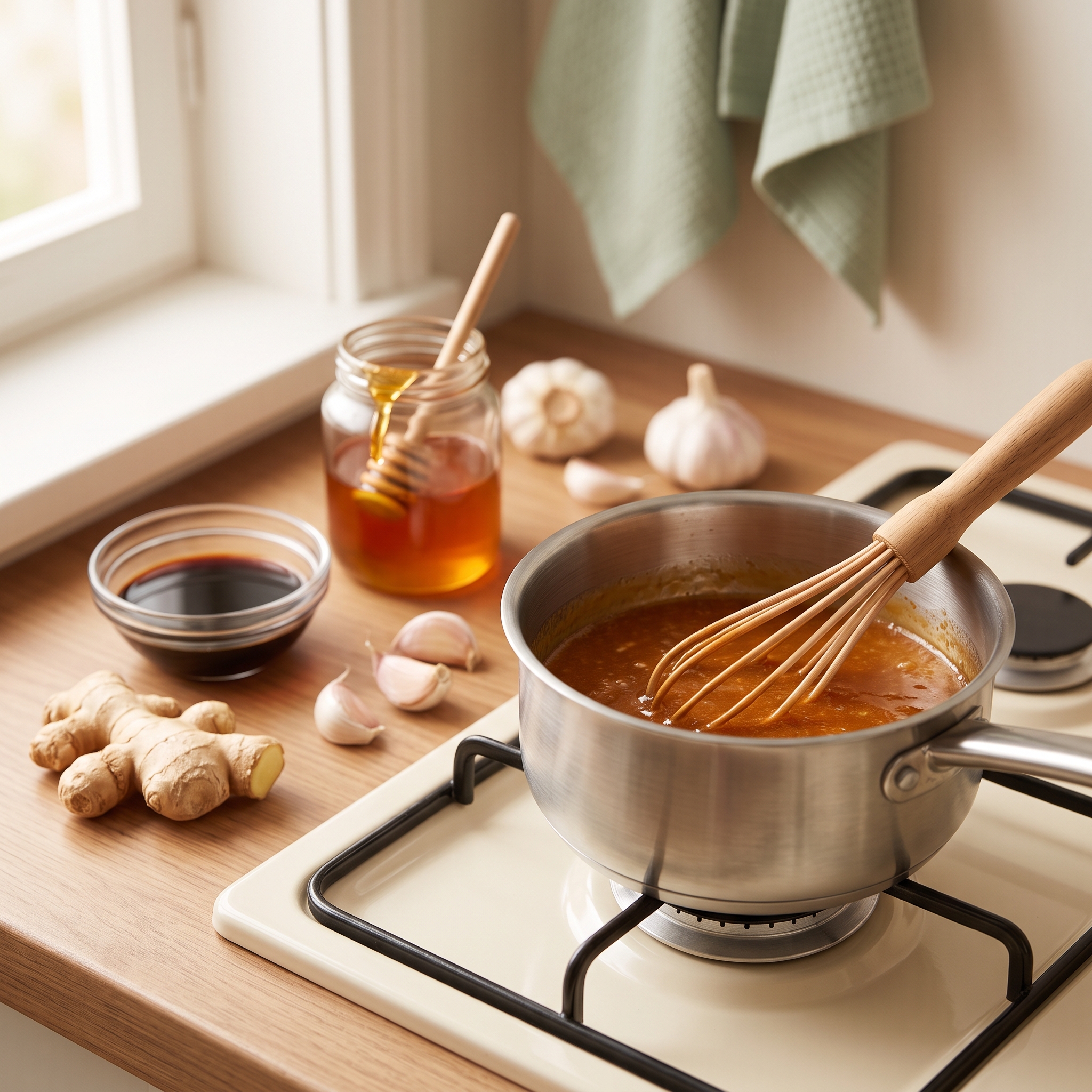 Homemade teriyaki sauce in small saucepan with soy sauce, honey, and ginger visible