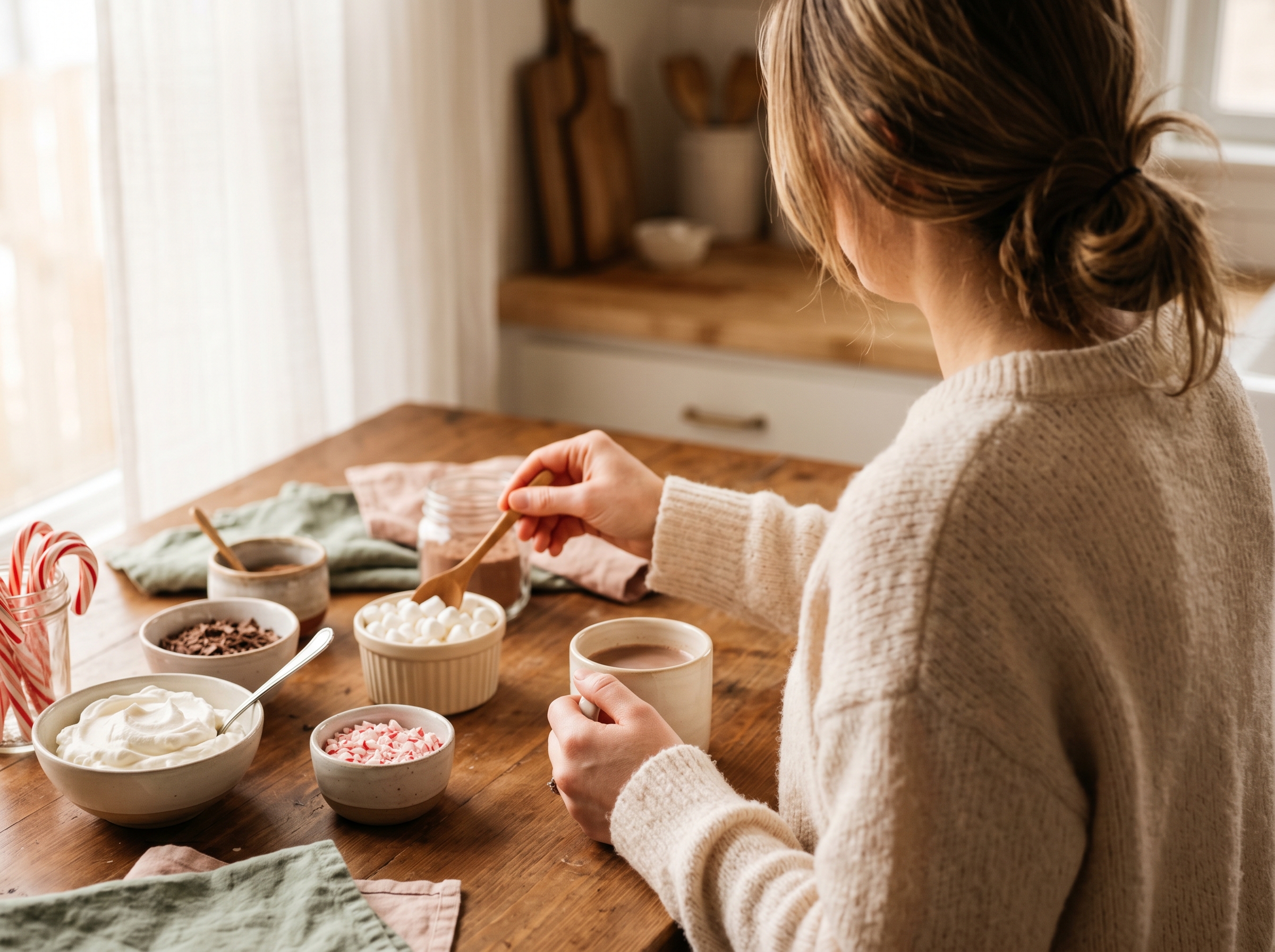 Person from behind holding a cream mug at a hot chocolate bar, reaching toward toppings bowls with a small spoon
