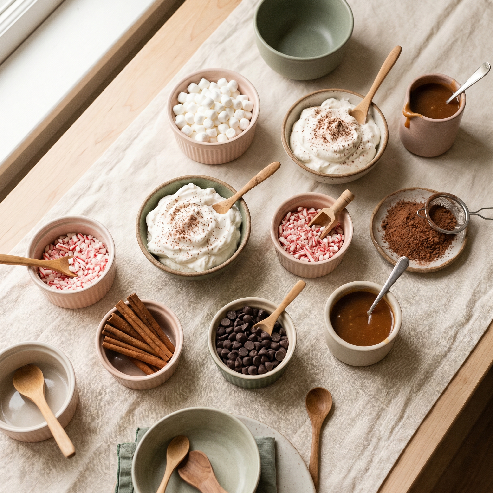 Flatlay of hot chocolate bar toppings arranged in small bowls: marshmallows, whipped cream, candy canes, chocolate chips