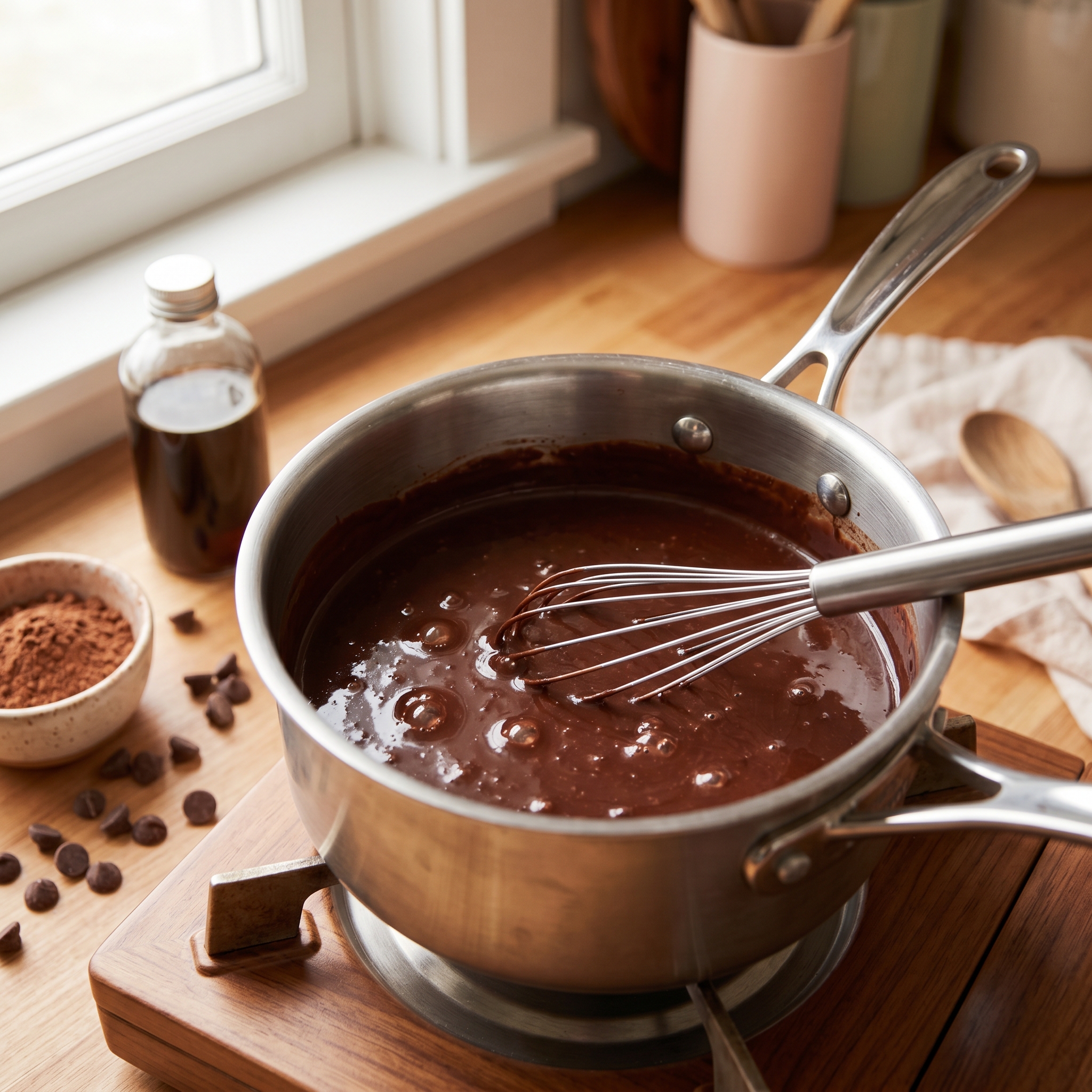 Overhead view of a saucepan with rich dark hot chocolate base simmering on the stovetop with a whisk resting inside