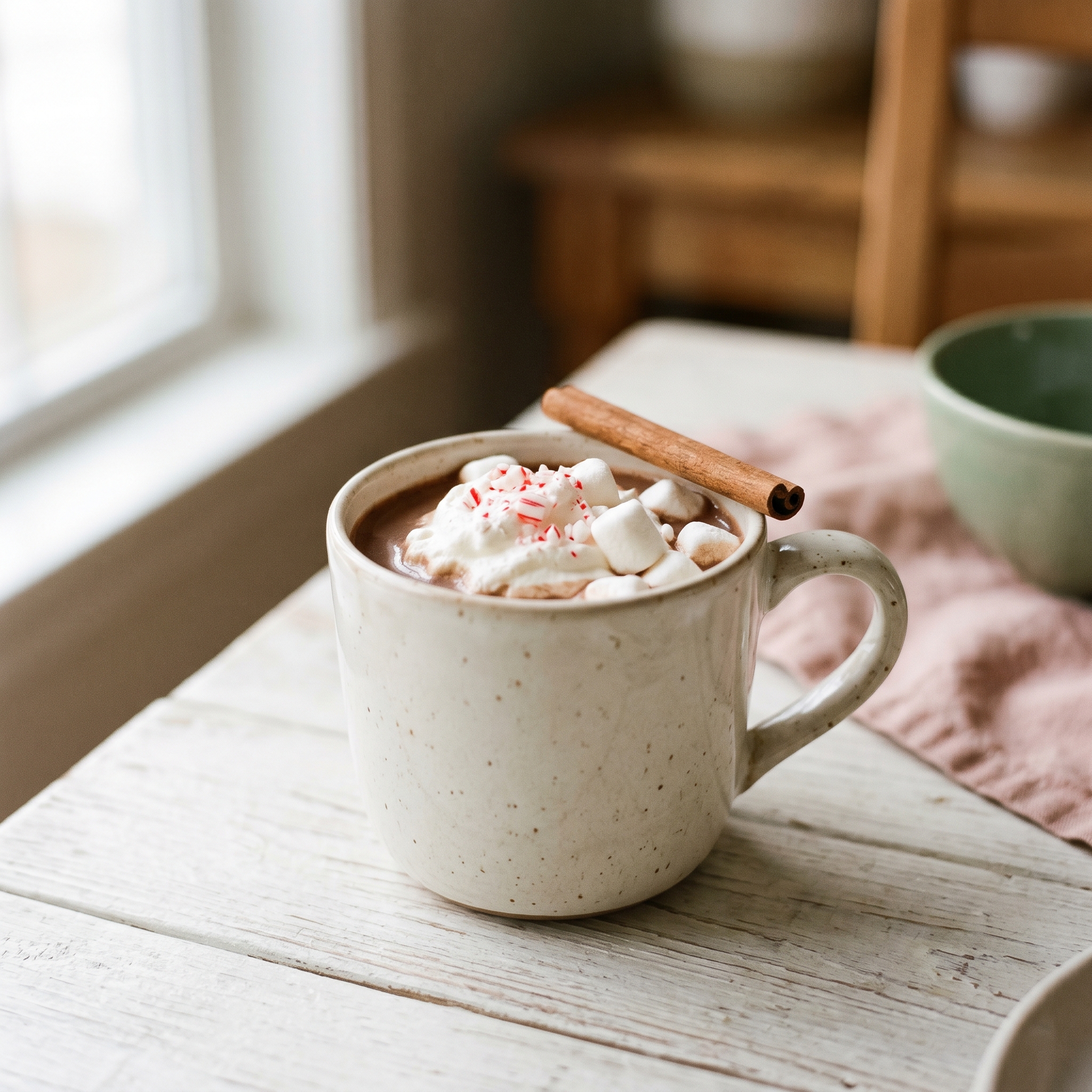 Close-up of a cream ceramic mug filled with rich hot chocolate topped with marshmallows, whipped cream, and a cinnamon stick