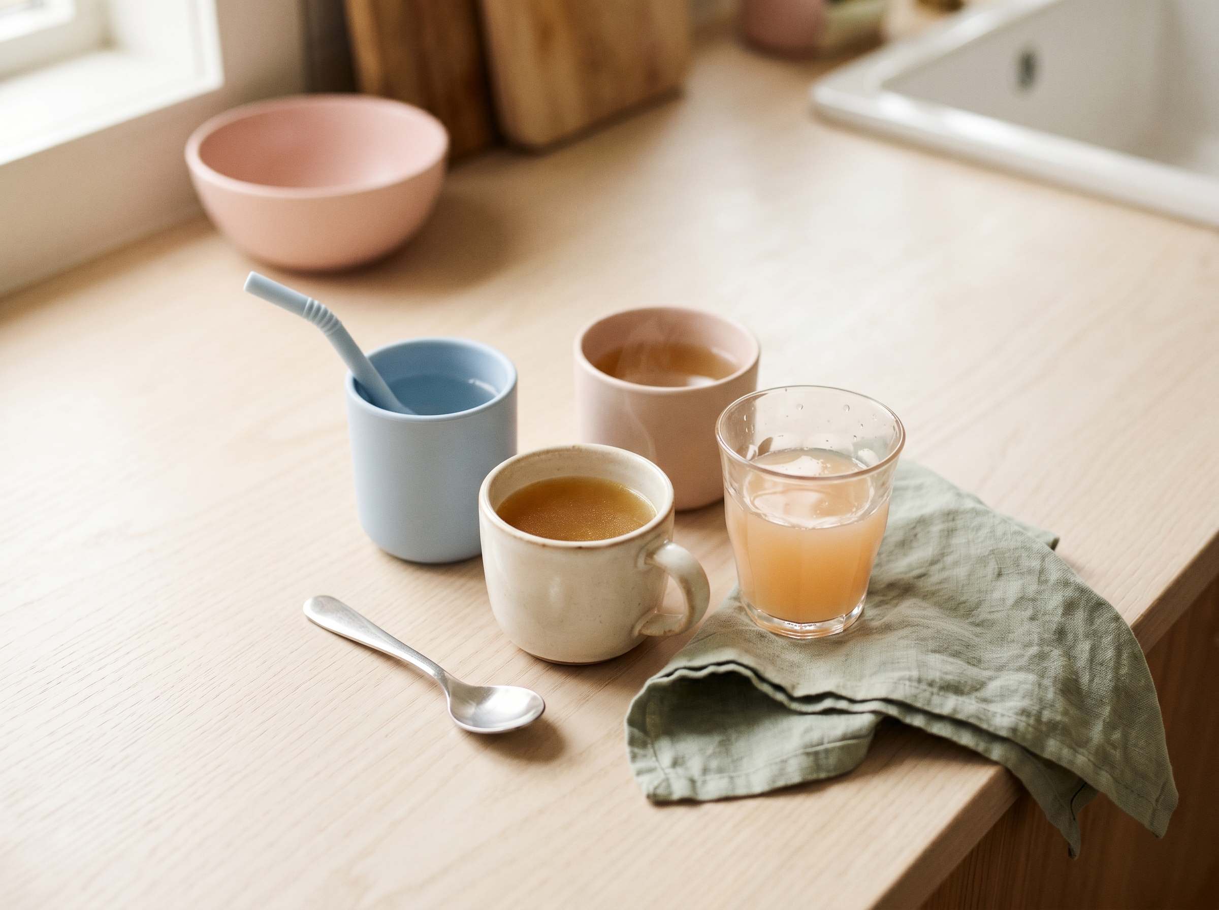 Overhead view of hydrating drink options for sick kids: water, broth, juice in small cups