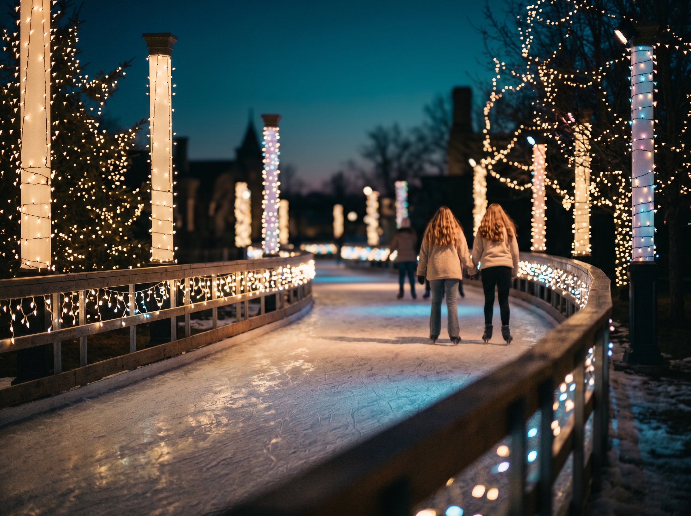 Illuminated outdoor ice-skating trail winding through holiday light displays in the evening