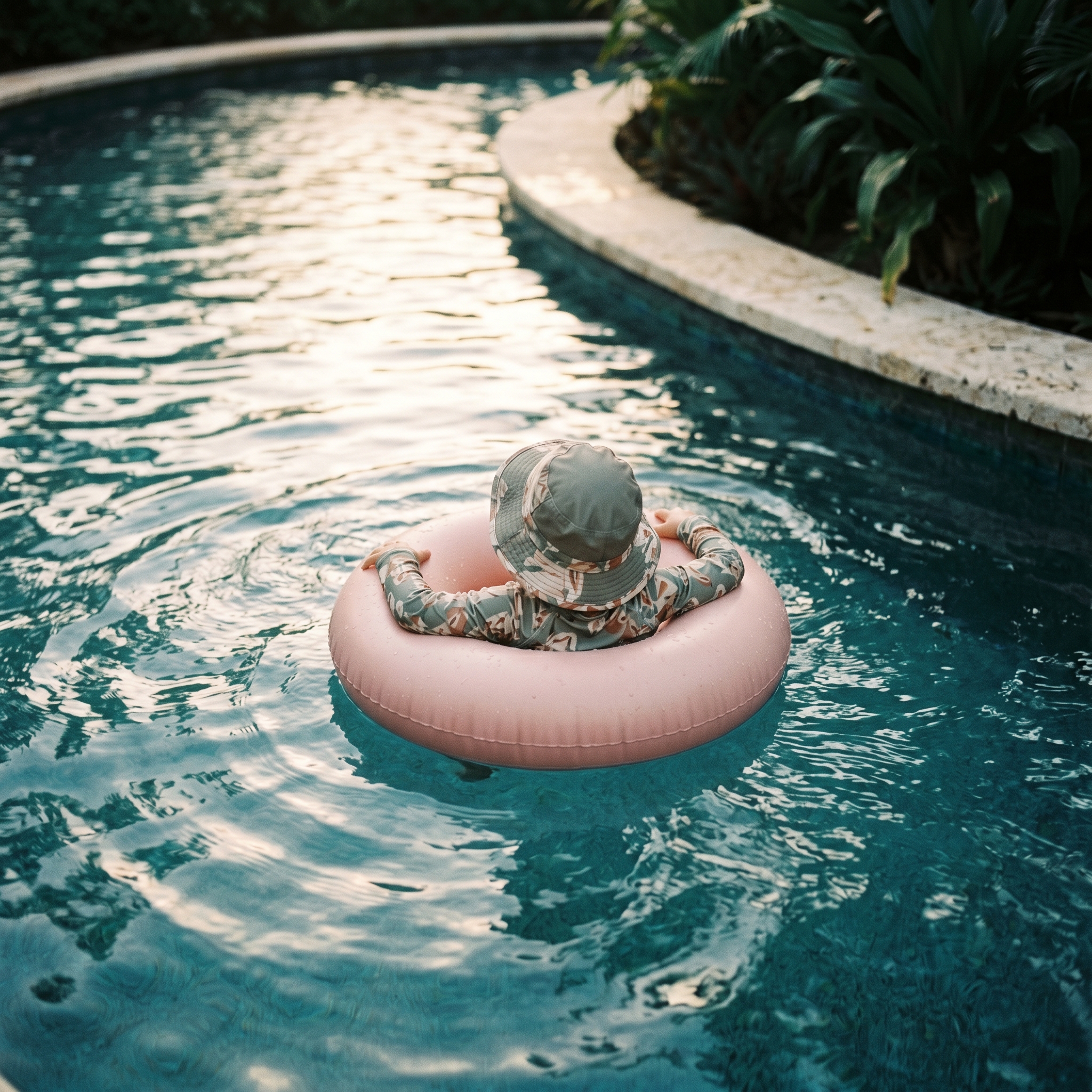 Overhead view of a child on a colorful floatie drifting along a calm lazy river
