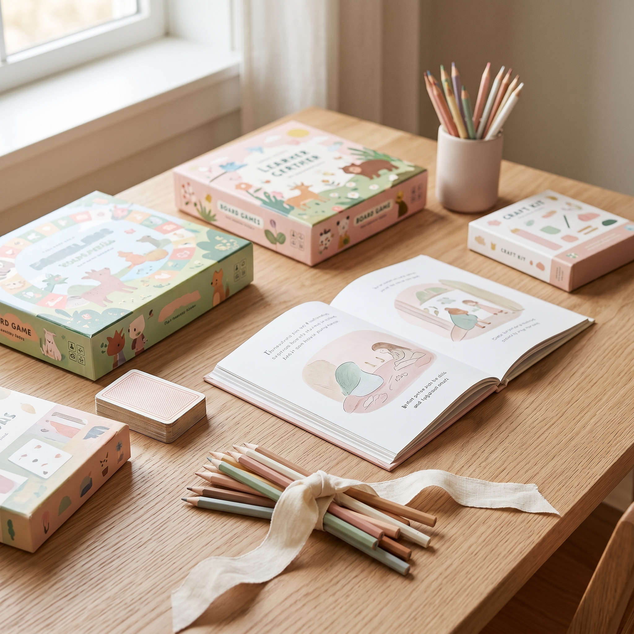 Assorted board games, card games, and craft supplies arranged on a soft surface