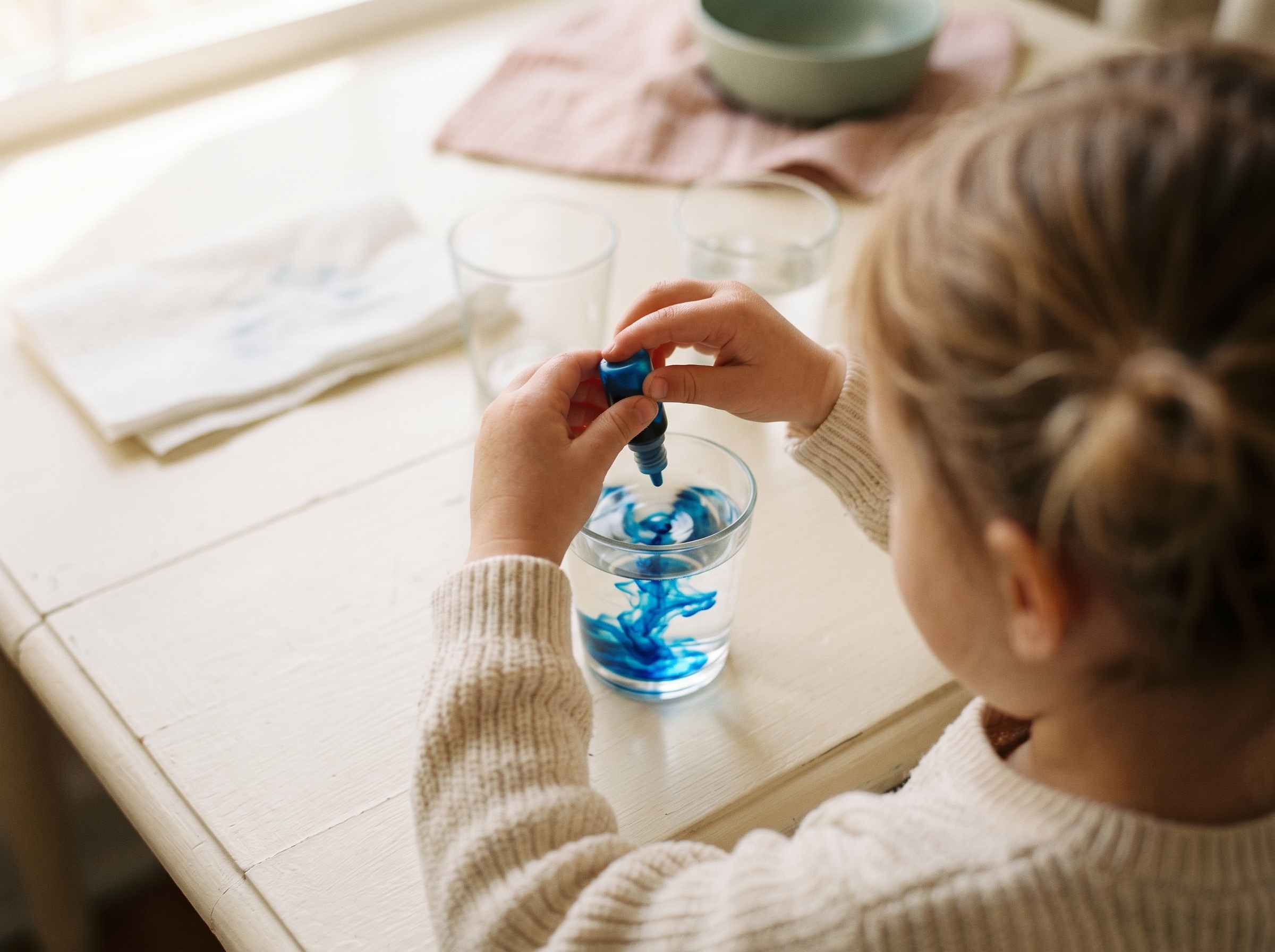 Child's hands dropping food coloring into clear cup of water during science experiment