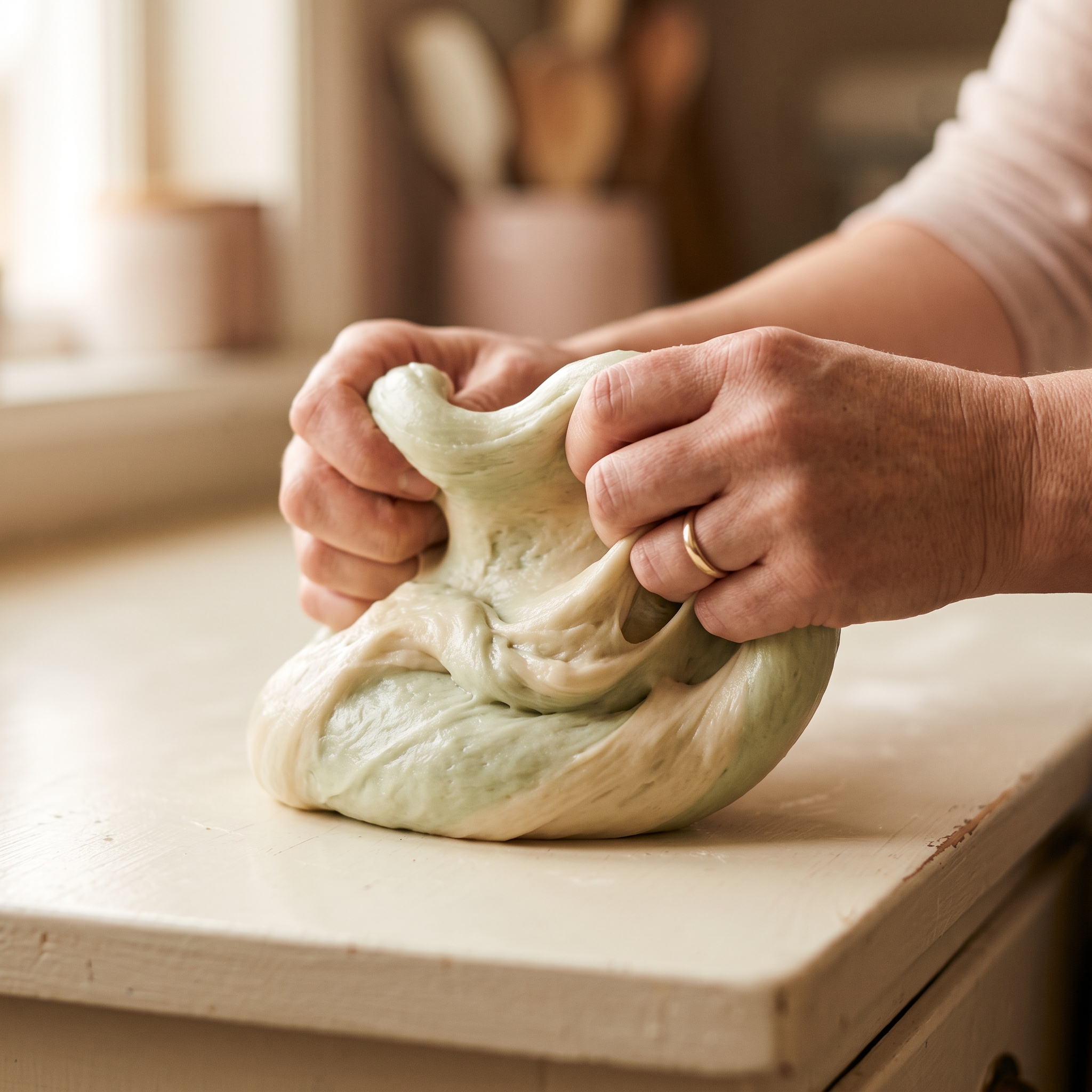 Stretchy gak slime being kneaded in hands showing bouncy, doughy texture and slight translucence