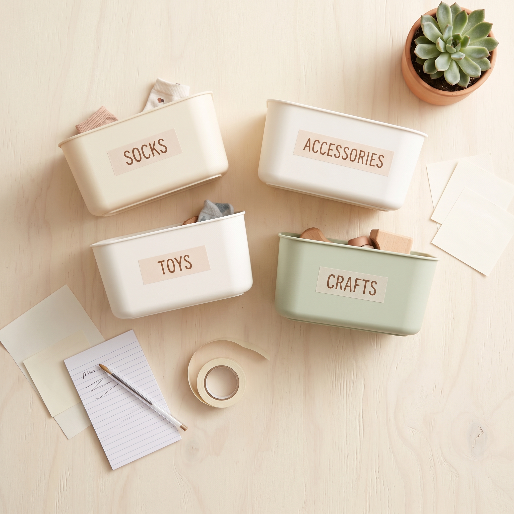 Overhead view of labeled storage bins, notepads, and organizing supplies on cream surface