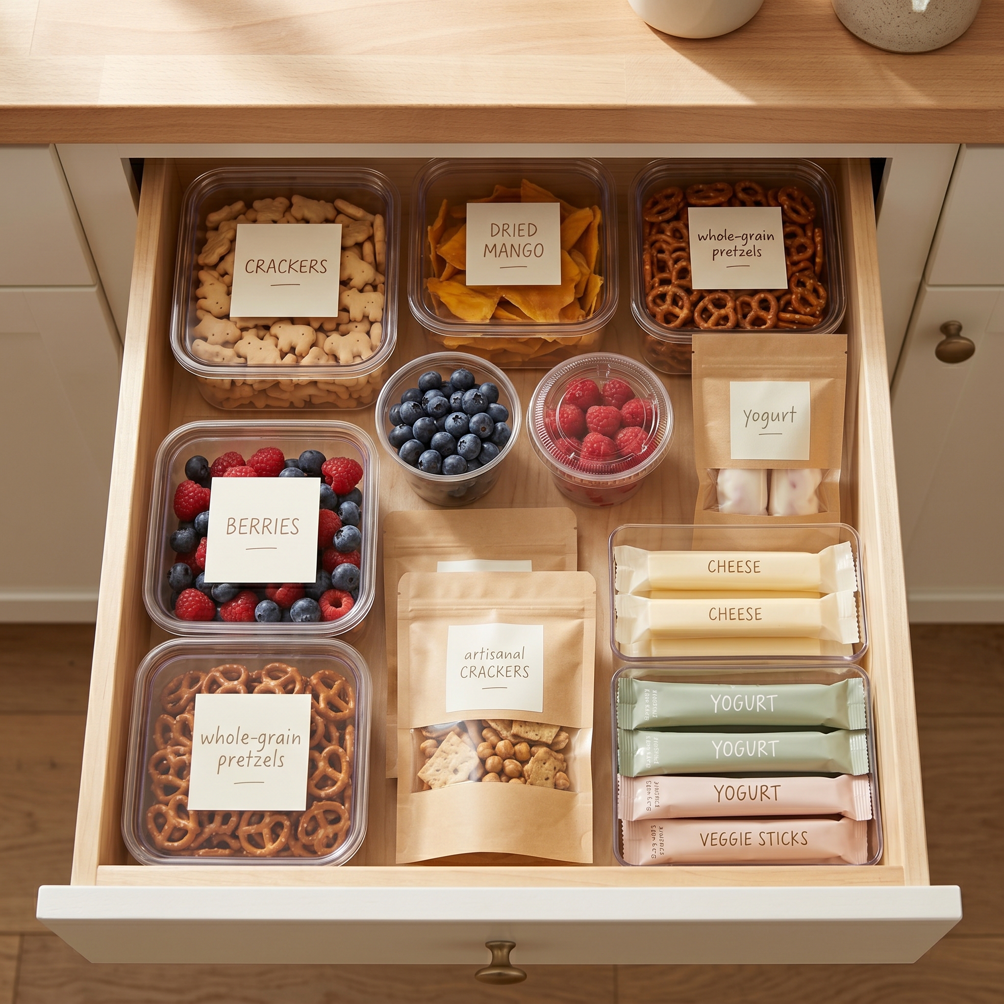 Labeled snack station drawer with portioned bags of crackers, berries, cheese sticks