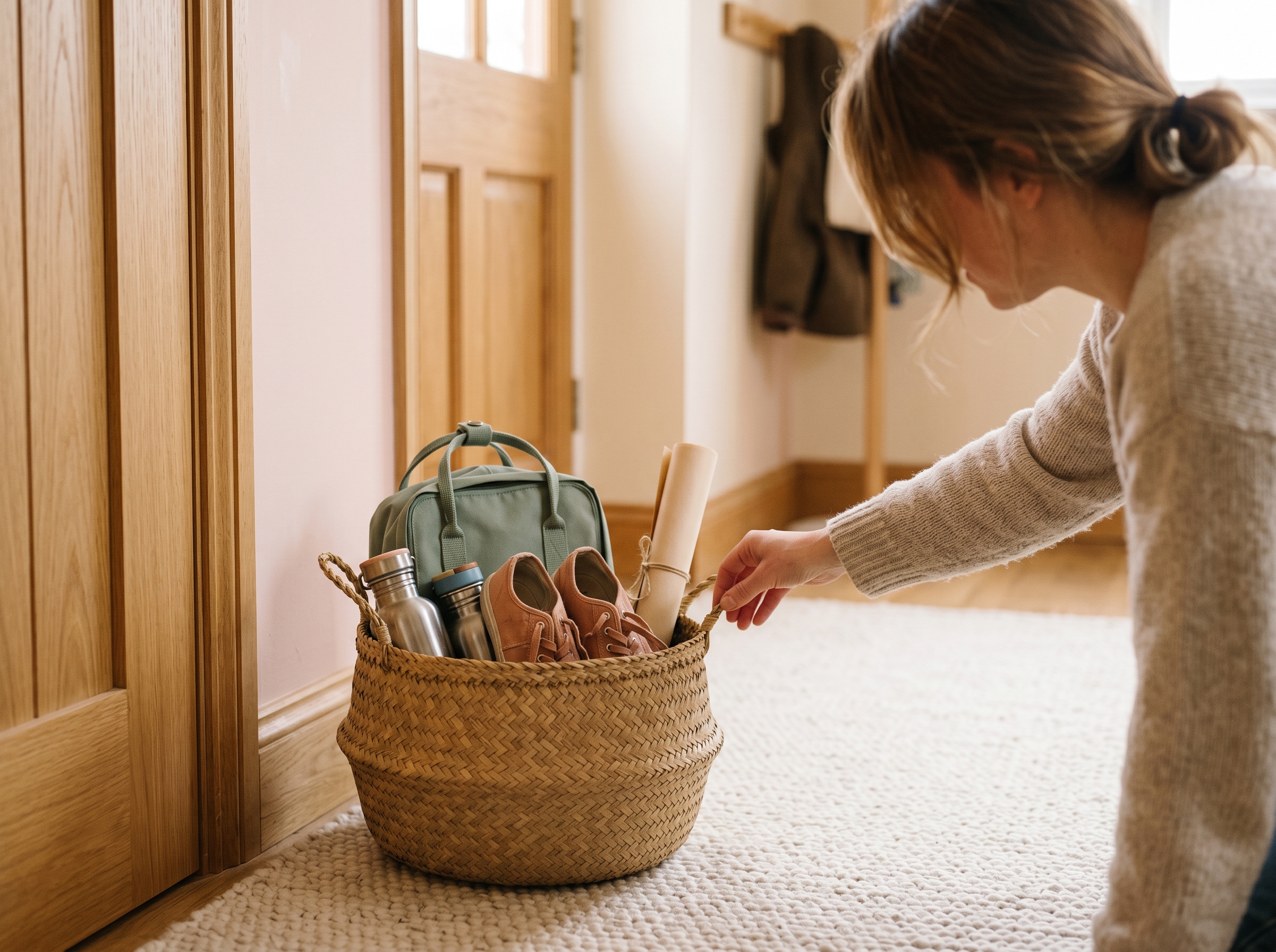 Woven basket near front door holding backpacks, water bottles, and a signed permission slip ready for school