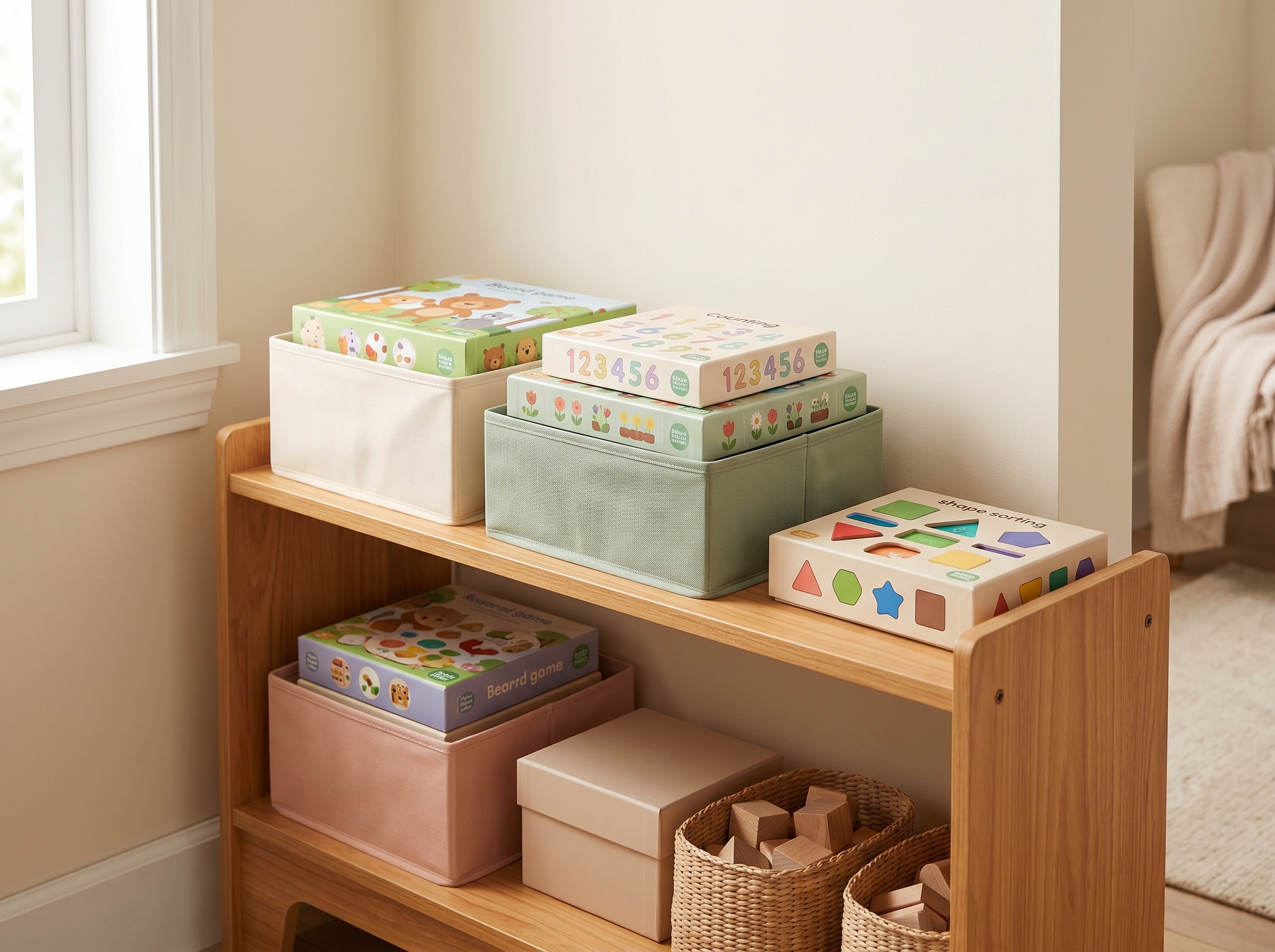 Low wooden shelf at child height displaying colorful board games in bins