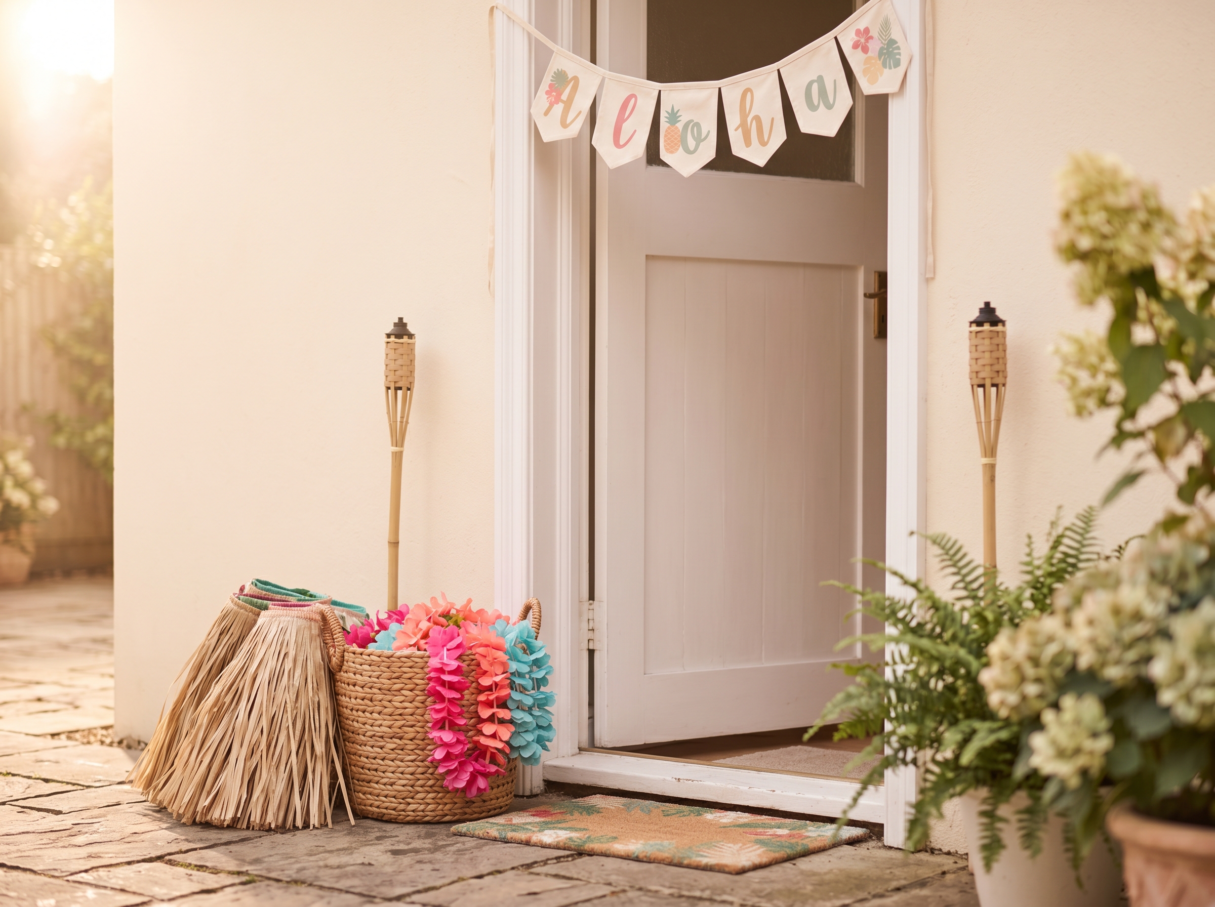Luau party entry decorated with basket of leis, grass skirts, Aloha banner, and tiki torches at doorway