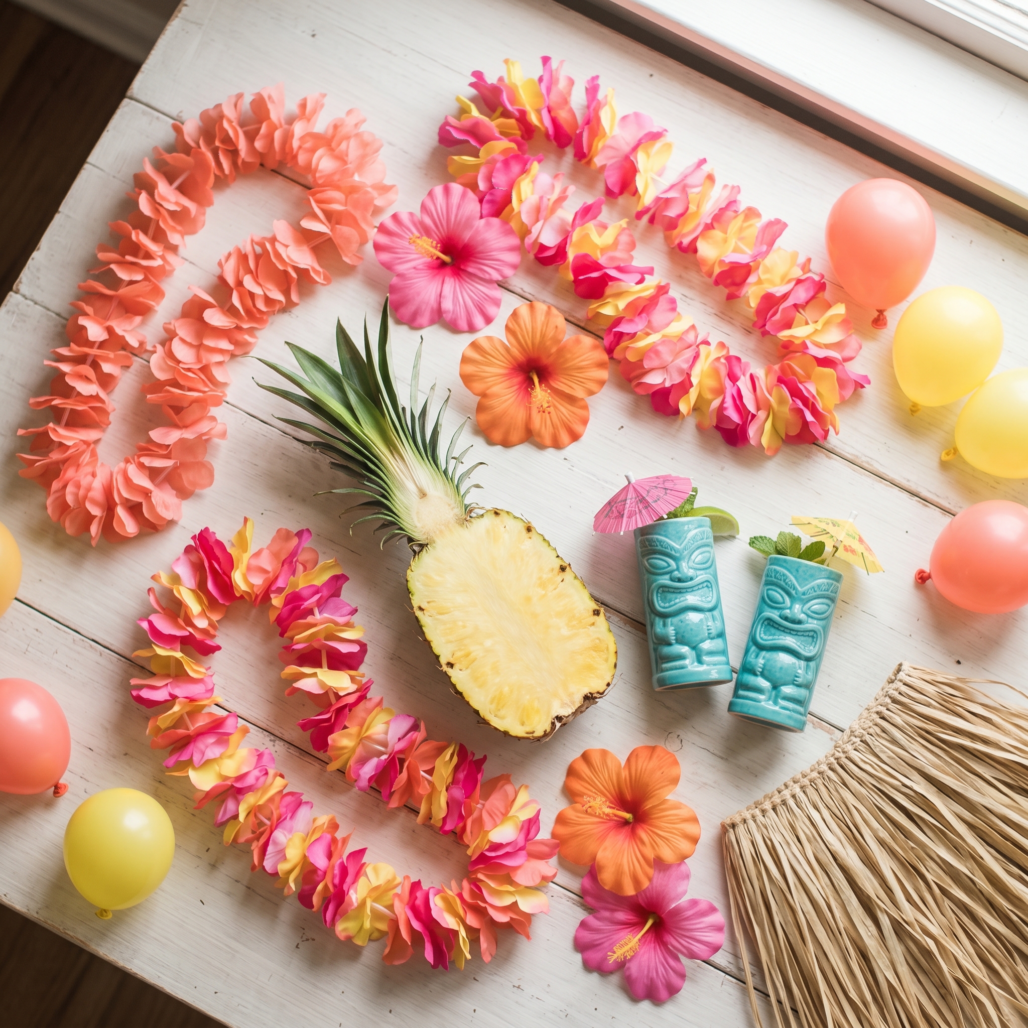 Flat-lay of luau party supplies including fabric leis, hibiscus flowers, pineapple, and tiki cups on white wood