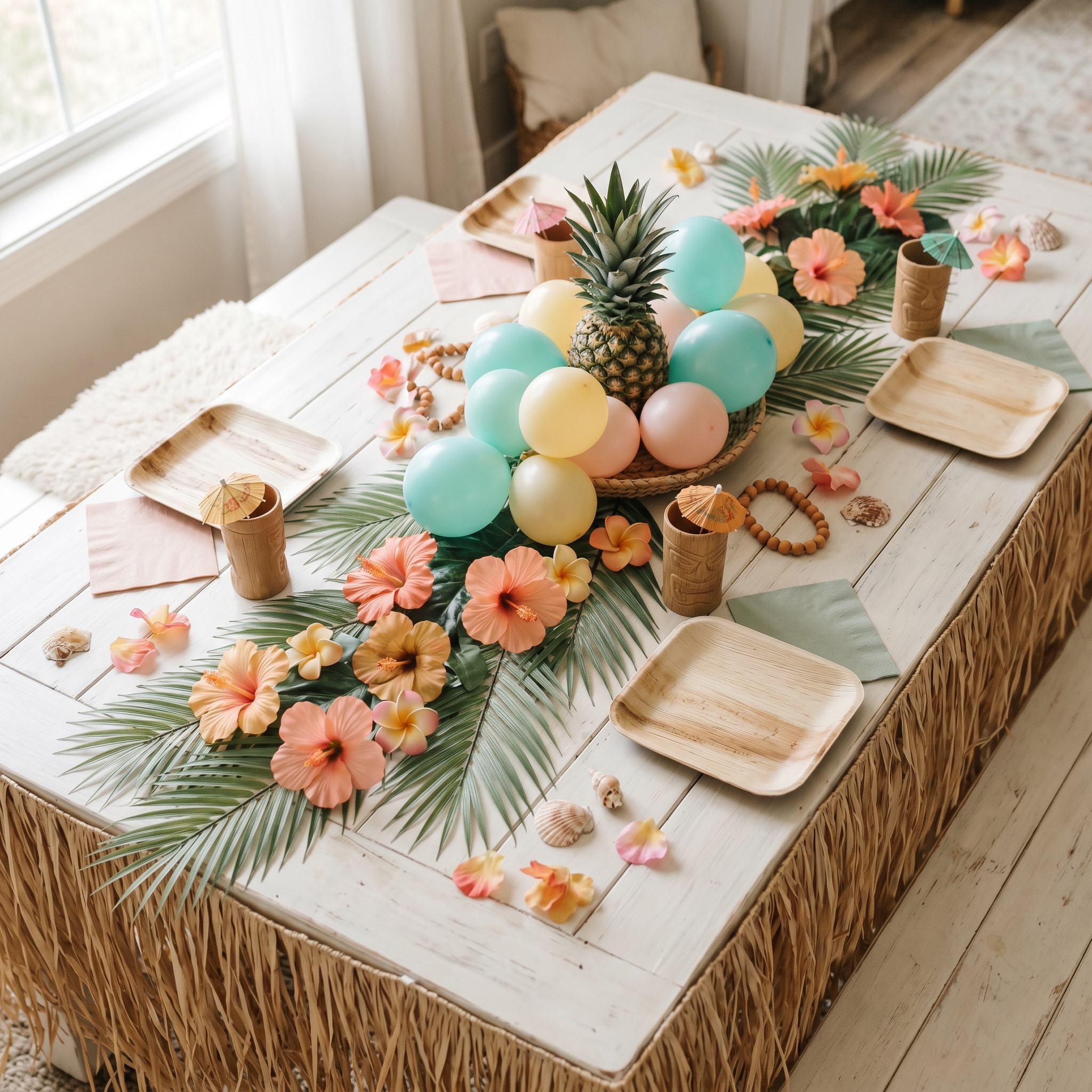 Luau table decorated with grass skirt runner, palm leaves, hibiscus flowers, and tropical centerpieces