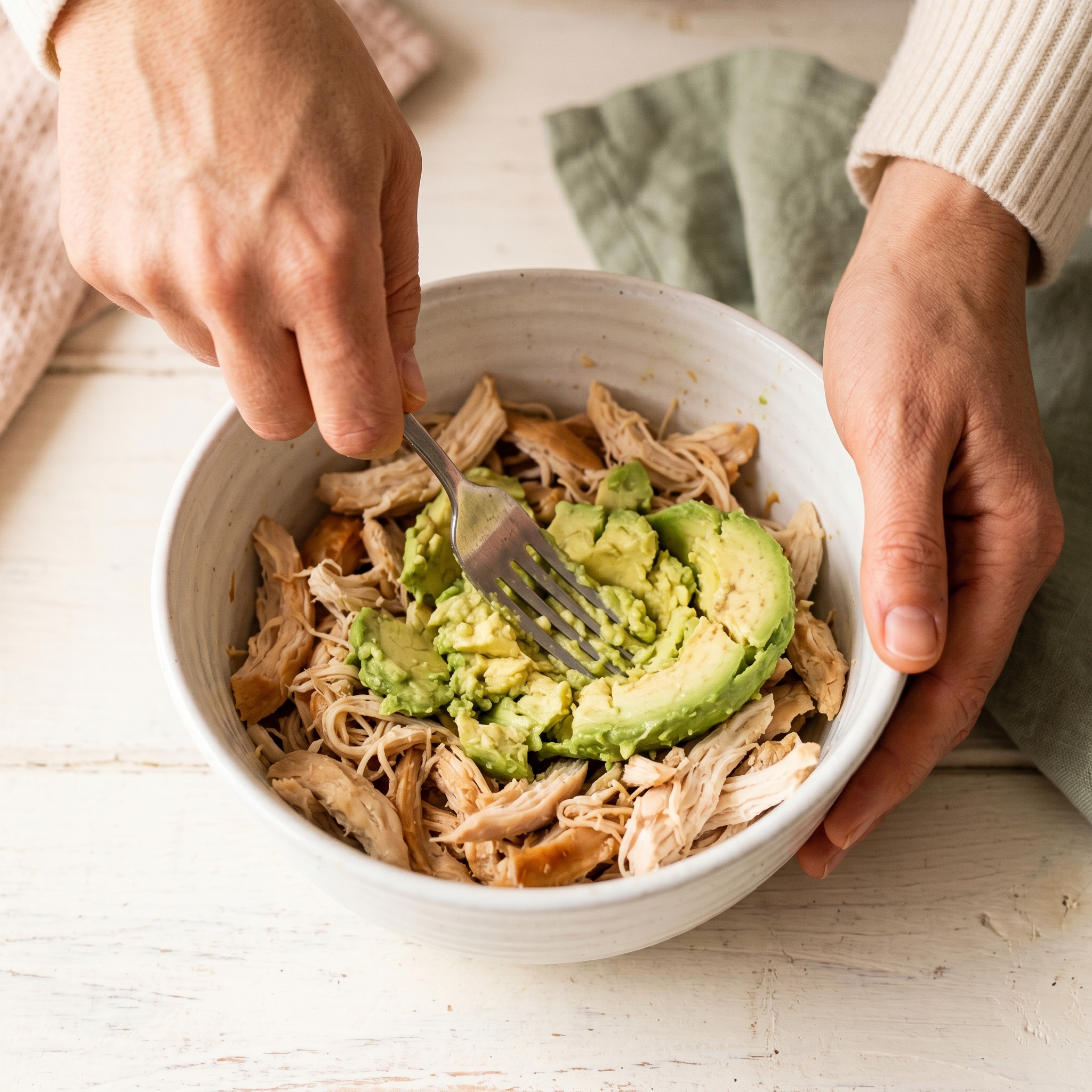 Hands mashing ripe avocado into shredded chicken in a white bowl with a fork