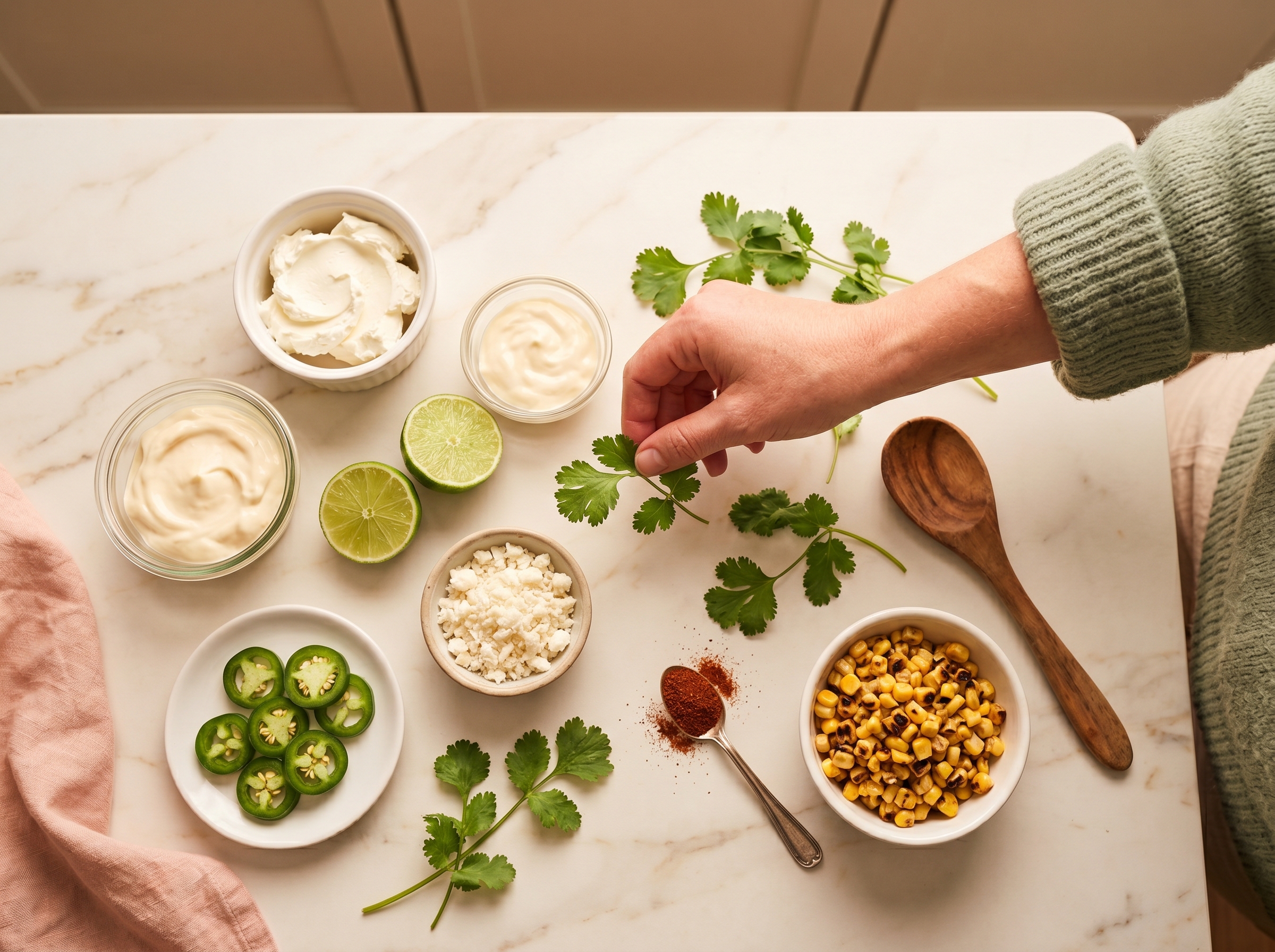 Cream cheese, mayo, lime, jalapeño, cotija cheese, and corn kernels arranged on a white marble countertop