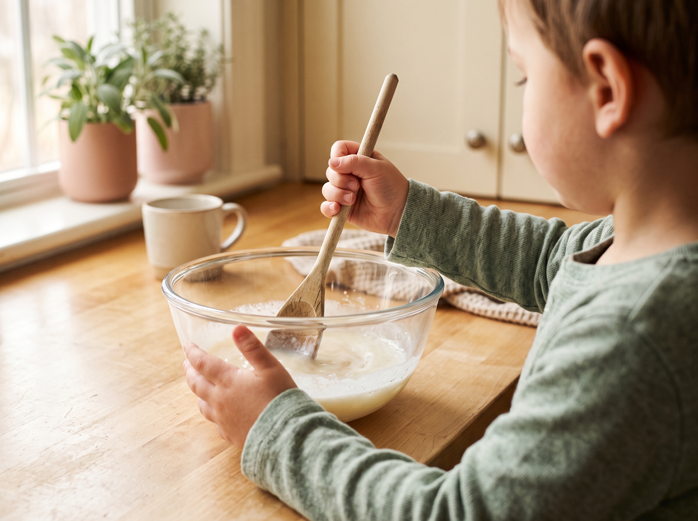 Child hands stirring white glue and water mixture in a clear bowl with a wooden spoon on a kitchen counter