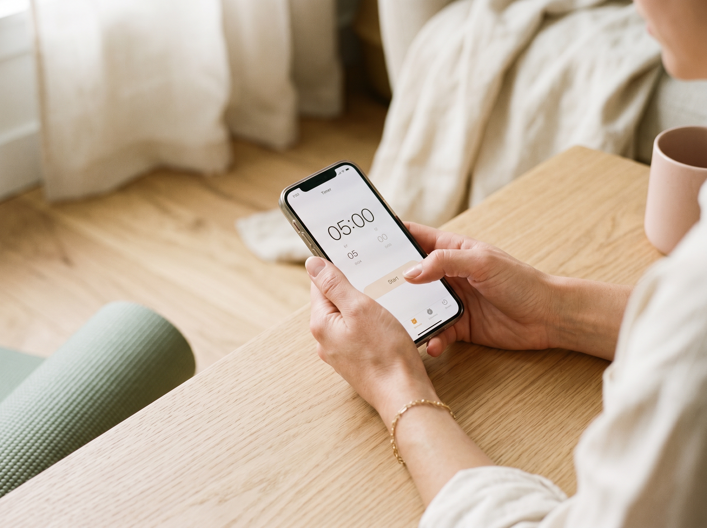 Hands setting a timer on a smartphone on a light wood surface, ready to start a workout
