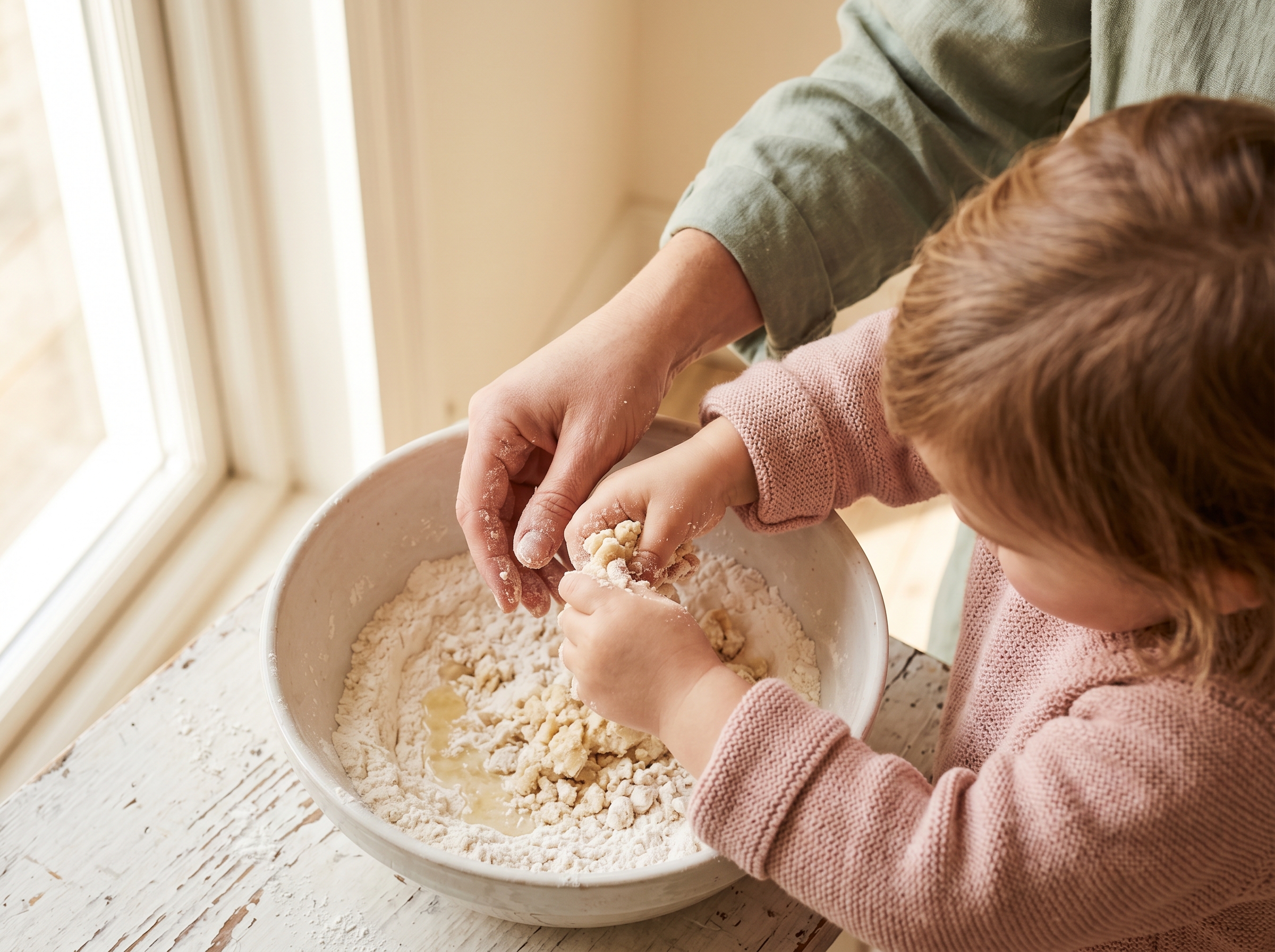 Hands mixing flour and baby oil together in a white bowl, creating clumpy moon sand texture