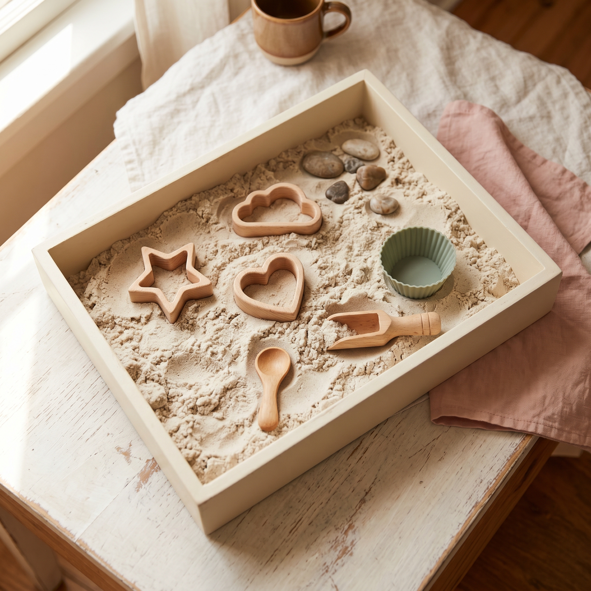 Shallow bin filled with moon sand, small wooden molds, toy scoops, and a wooden spoon arranged for sensory play