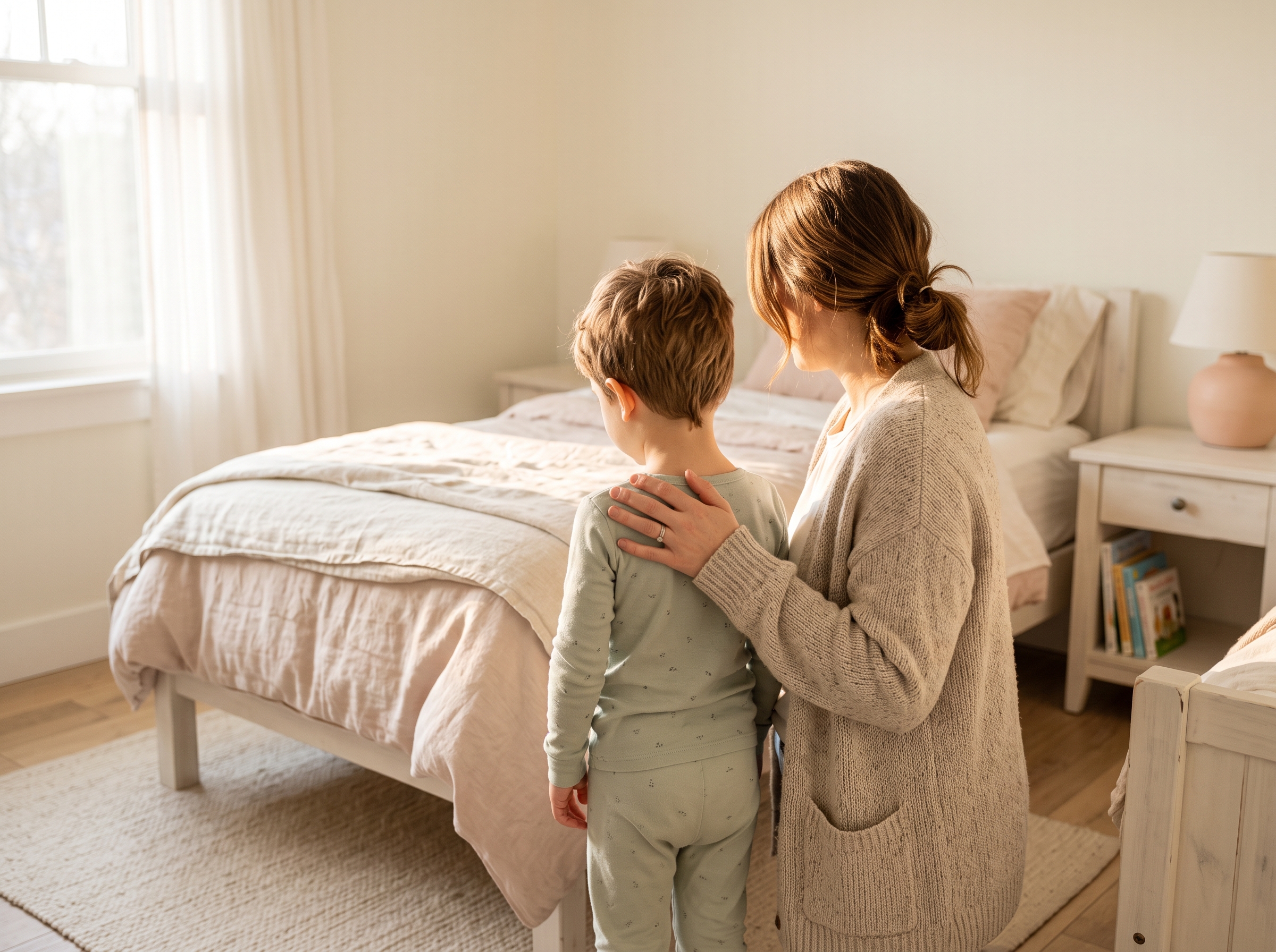 Parent and child from behind looking at dry pull-up or mattress, warm morning light