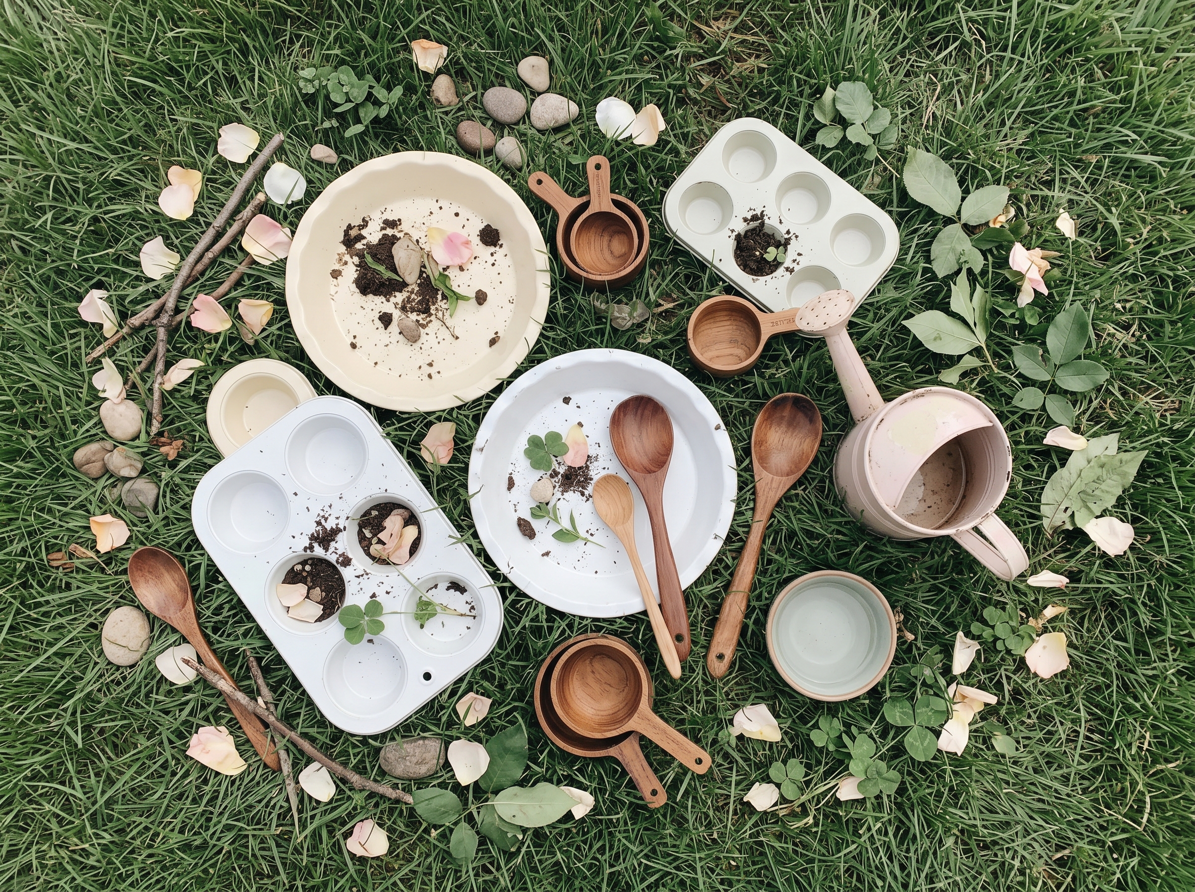 Overhead flatlay of pie tins, wooden spoons, measuring cups, natural loose parts, and water bucket arranged on grass