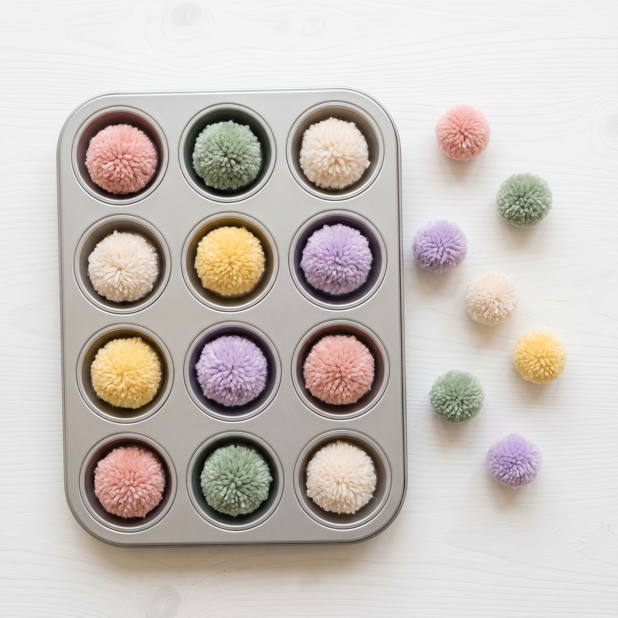 Muffin tin with colorful pom poms sorted by color and loose pom poms ready to sort