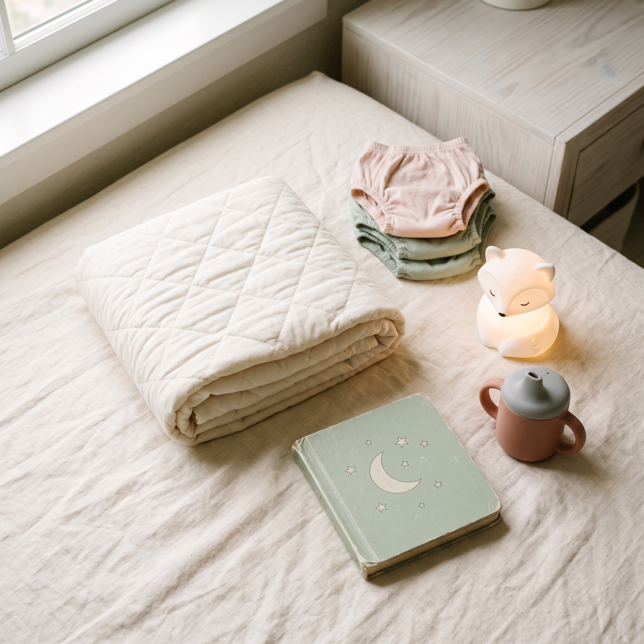 Waterproof mattress protector, pull-ups, nightlight, and water cup arranged on cream surface